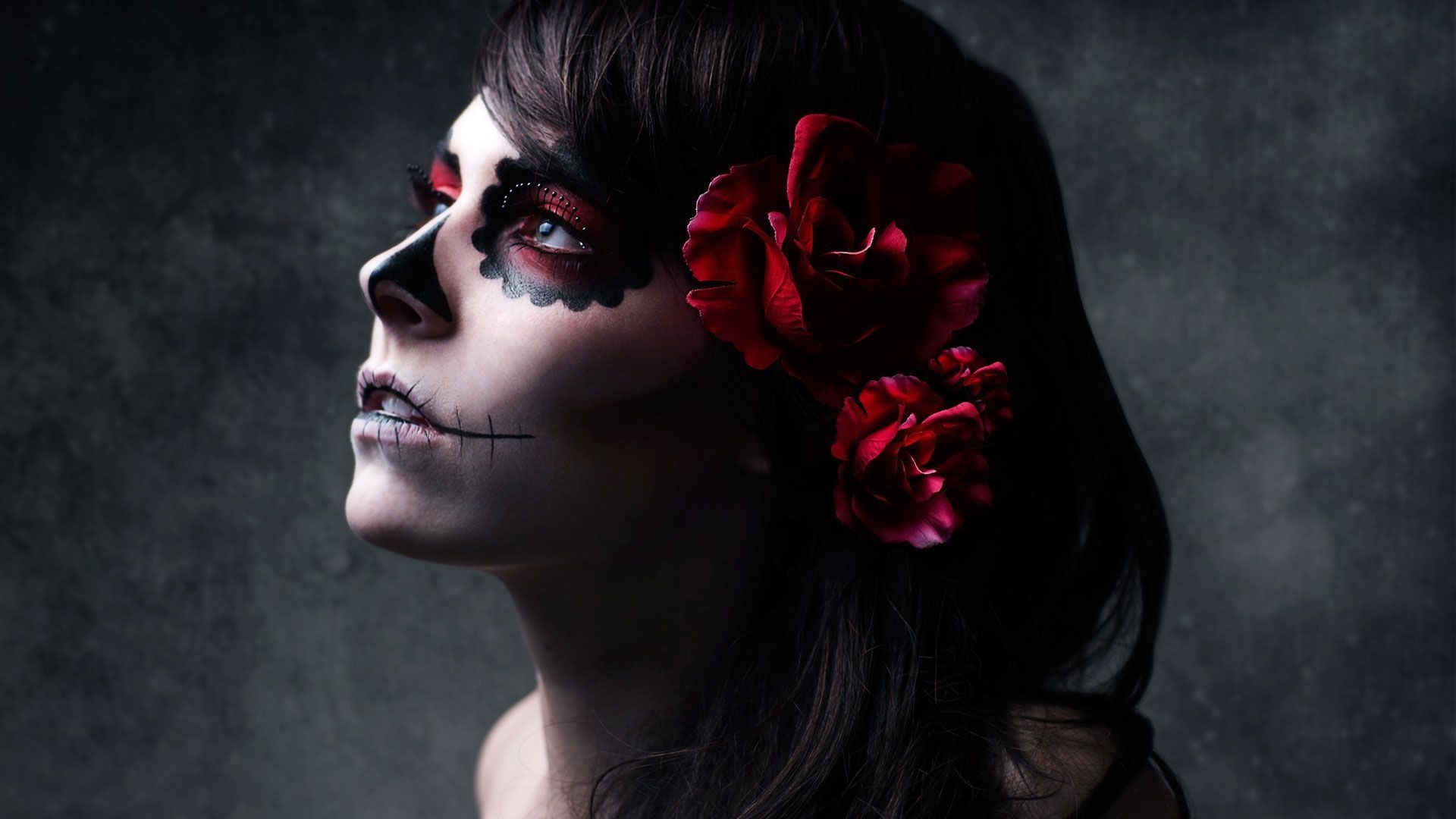 Catrina, Trucco teschio, Rose rosse, Profilo, Full HD, sfondo desktop