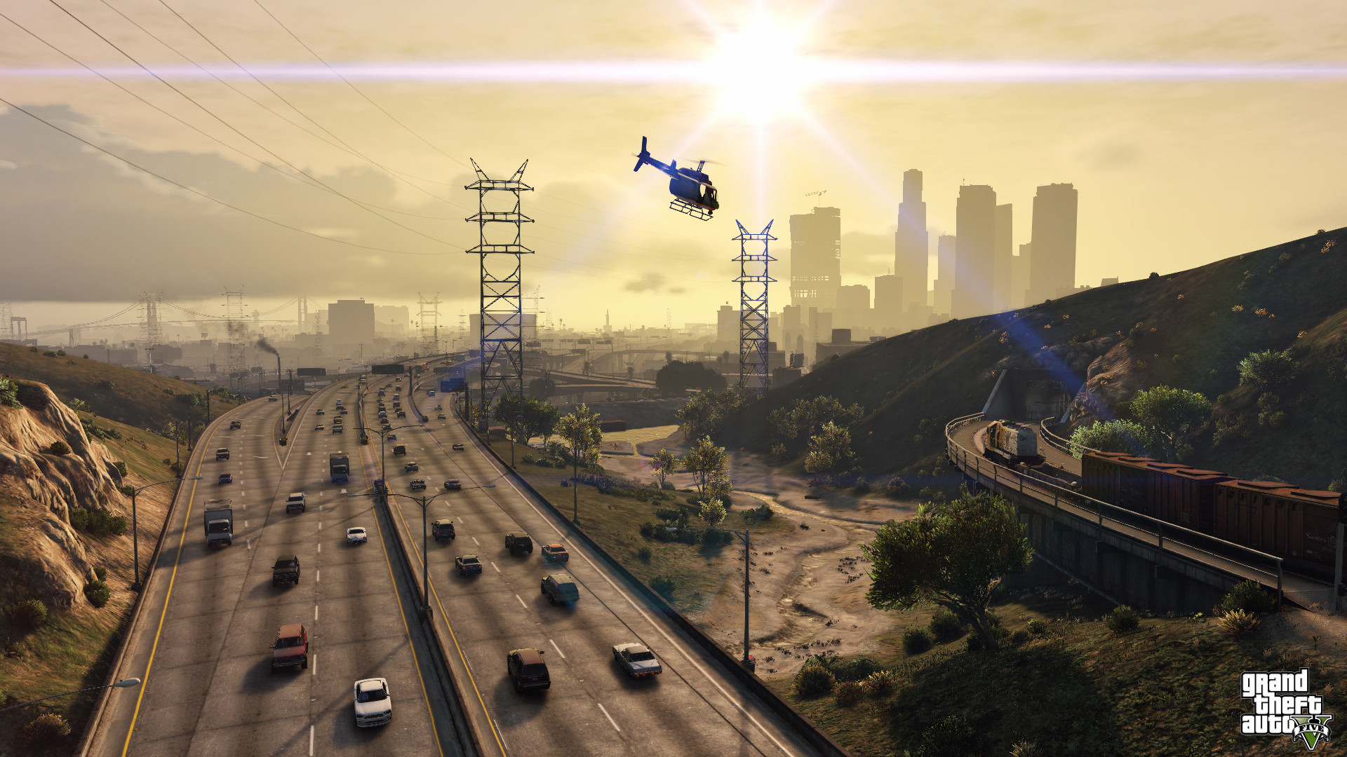 Grand Theft Auto V, Los Santos, Autostrada, Elicottero, Tramonto, sfondo 16:9 Full HD