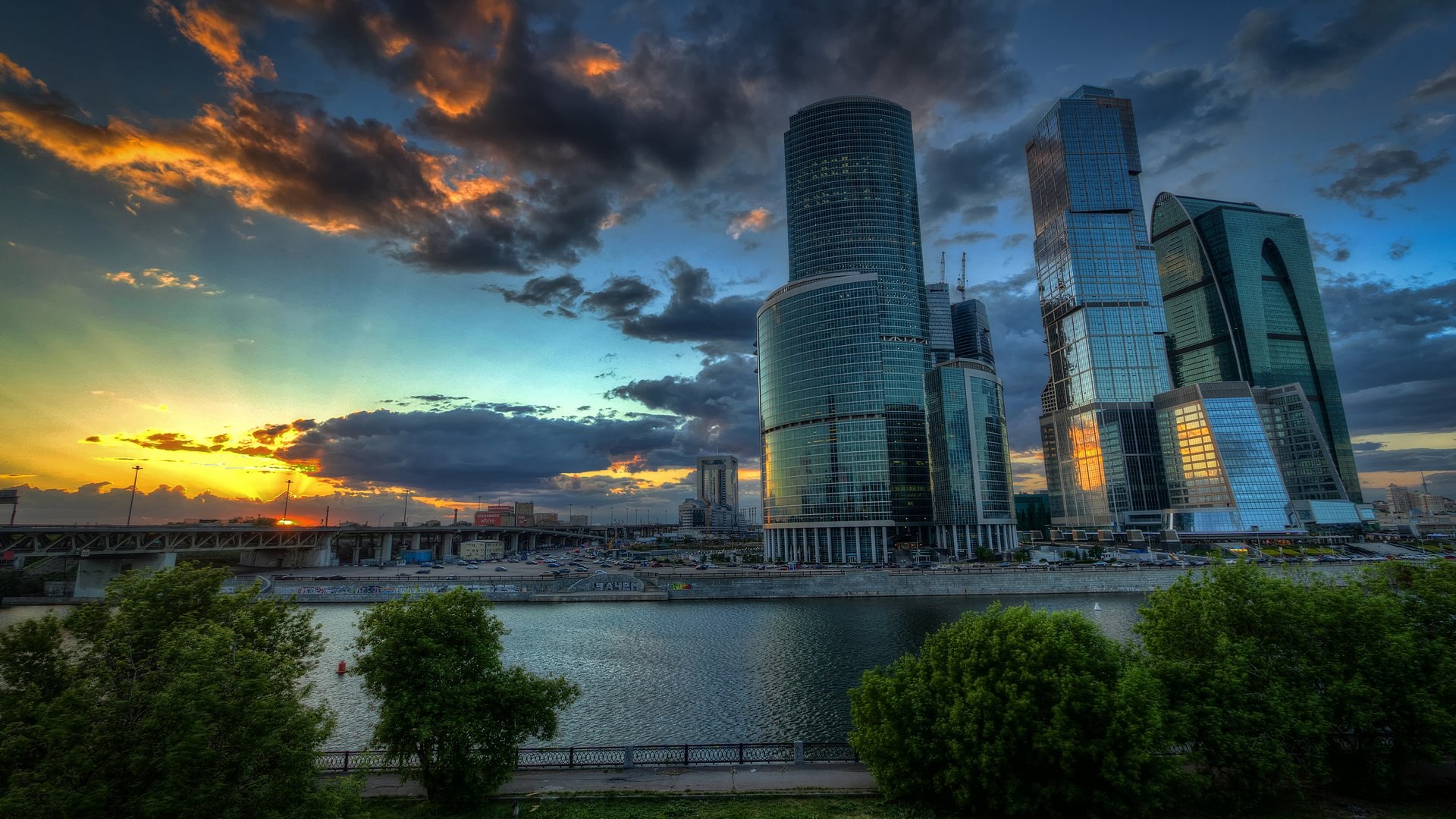 Moscow City, Mosca, Grattacieli, Tramonto, Full HD 1080p, sfondo desktop