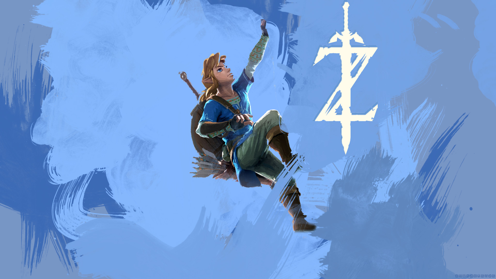 Link, The Legend of Zelda: Breath of the Wild, Arrampicata, Sfondo blu, wallpaper 1920x1080