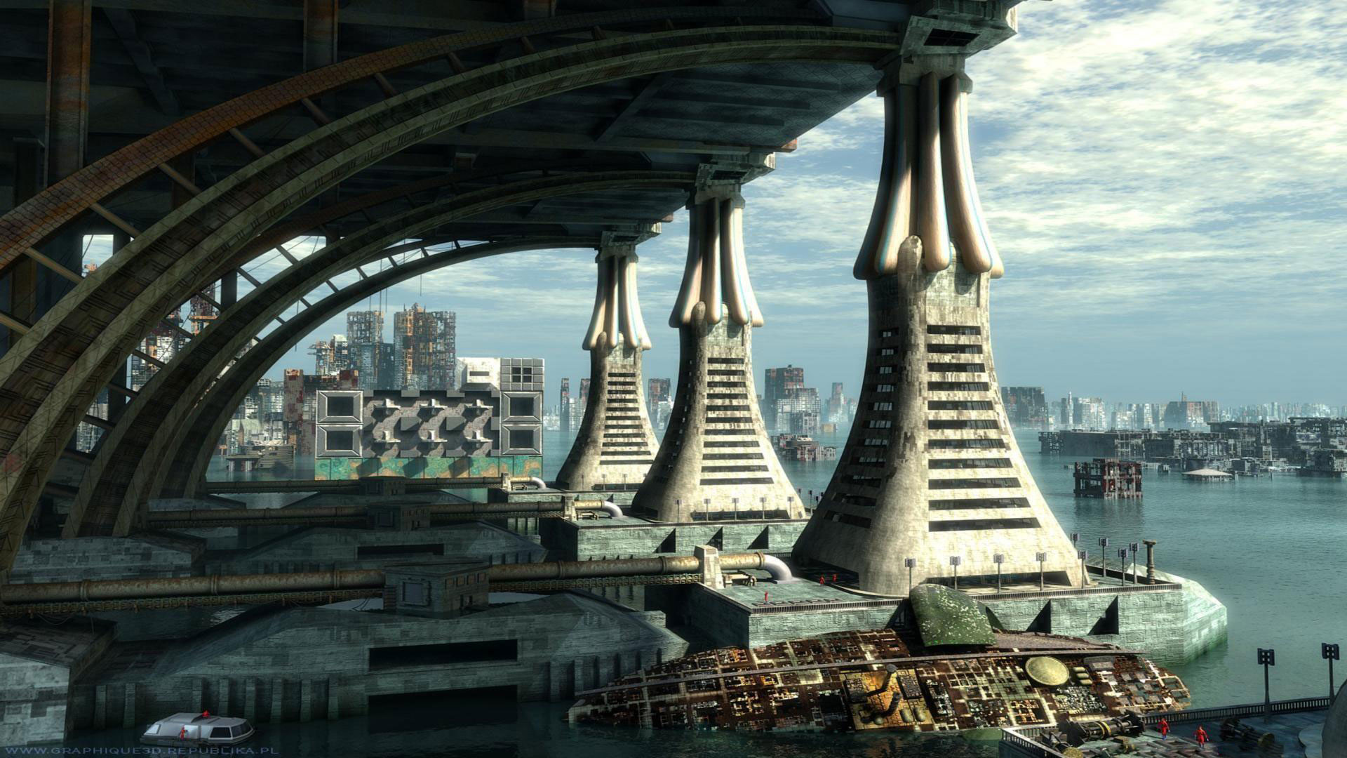 Architettura futuristica, Torri, Porto, Città, Fantascienza, 1920x1080, immagine di sfondo