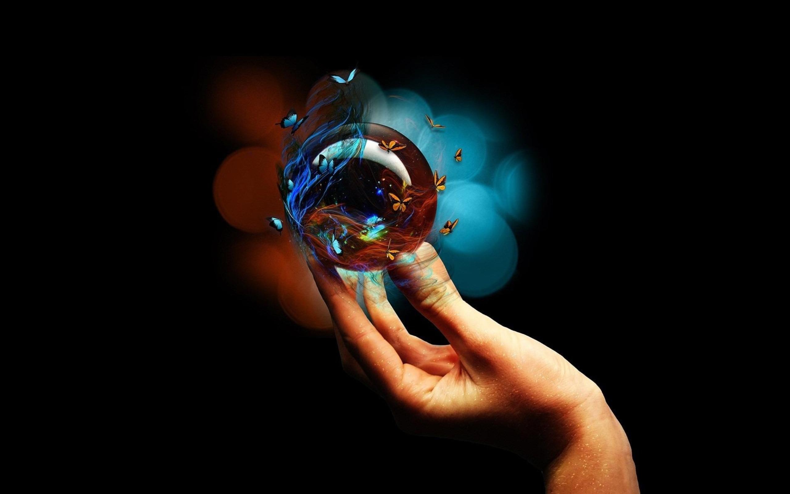 Mano, Sfera di vetro, Sfondo nero, wallpaper Android