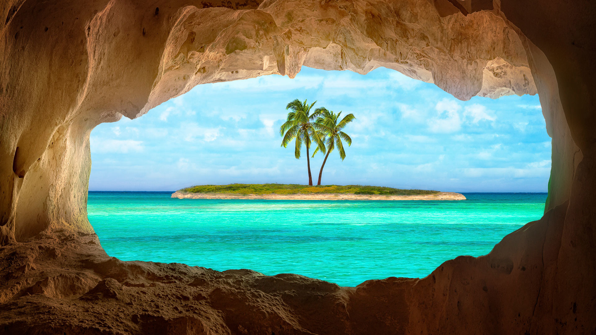 Isola tropicale, Palme, Grotta, Mare turchese, Full HD, sfondo per PC e portatile