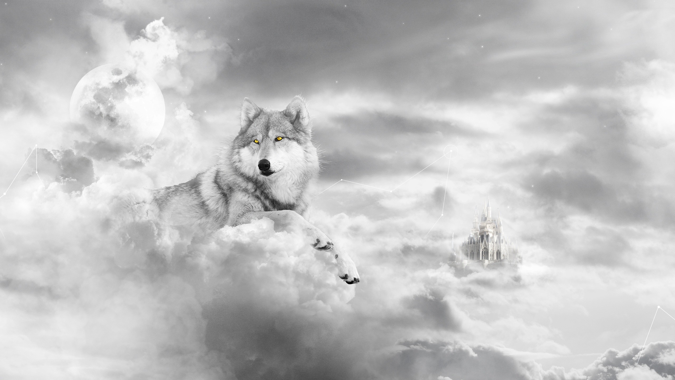Lupo, Nuvole, Castello, Fantasy, Bianco e nero, 2K 1440p, sfondo desktop