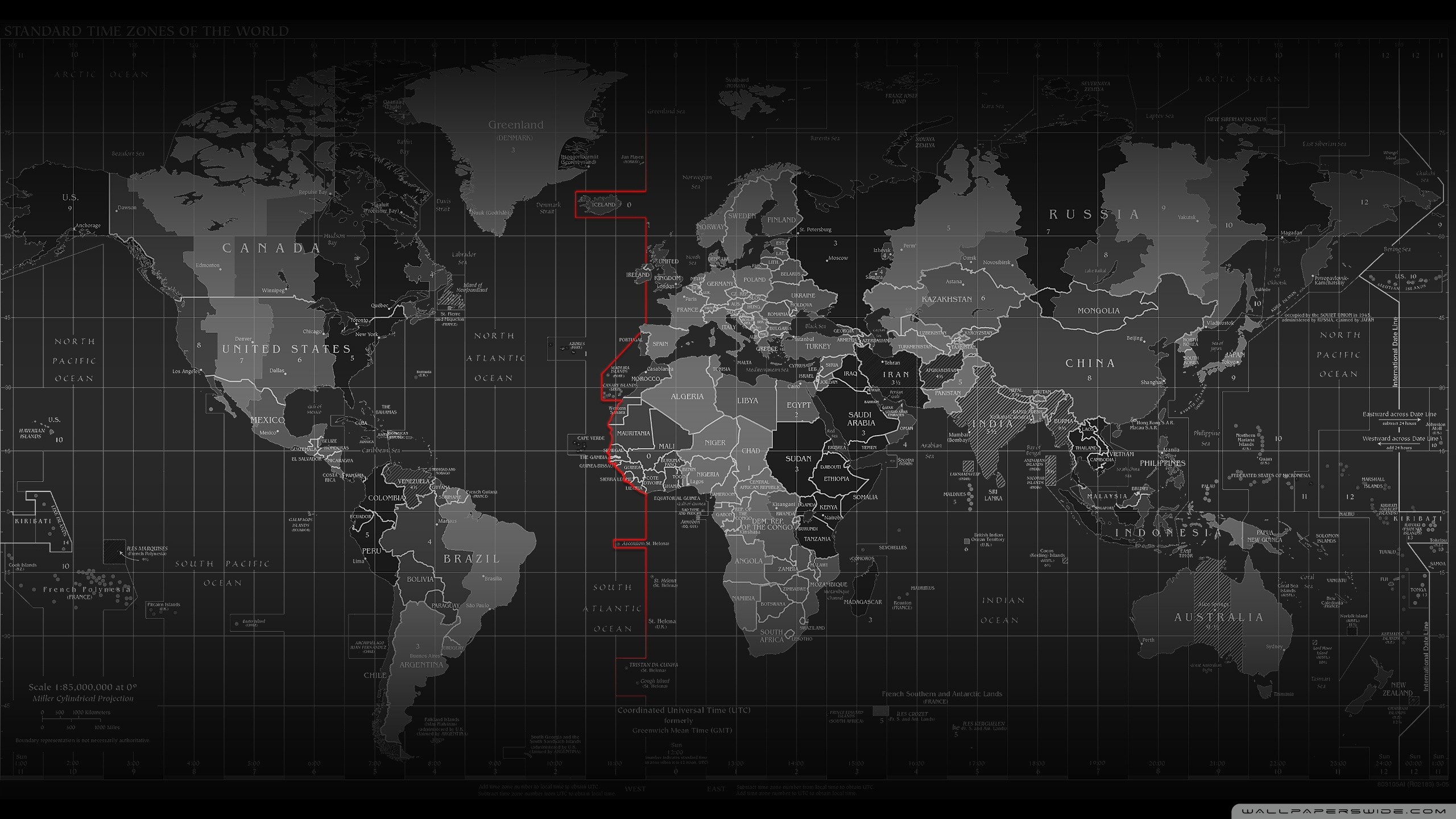 Mappa del mondo, Fusi orari, Grigio scuro, 2K, sfondo desktop