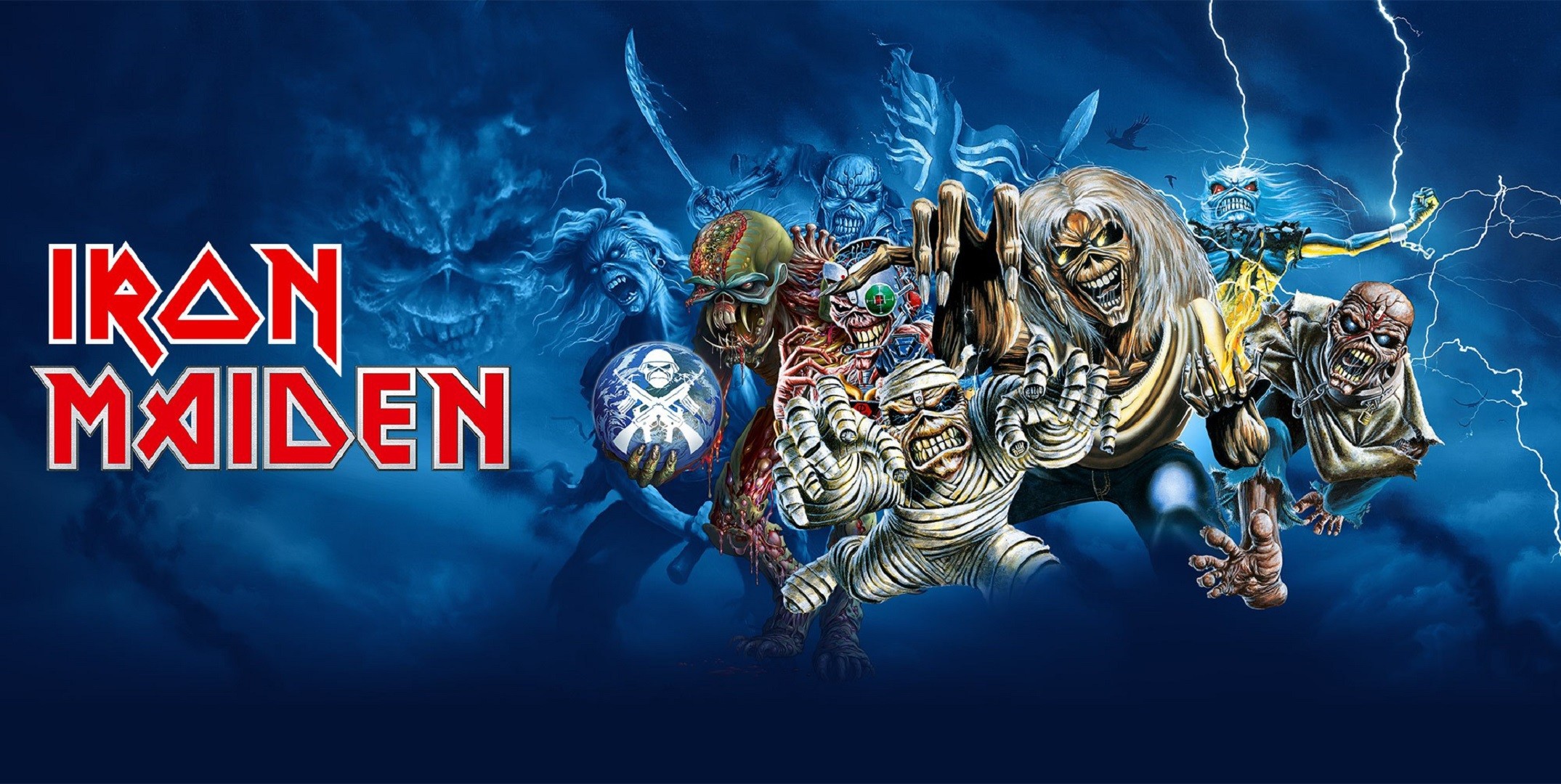 Eddie, Iron Maiden, Collage, Fulmini, Sfondo blu, Logo, Full HD, wallpaper desktop