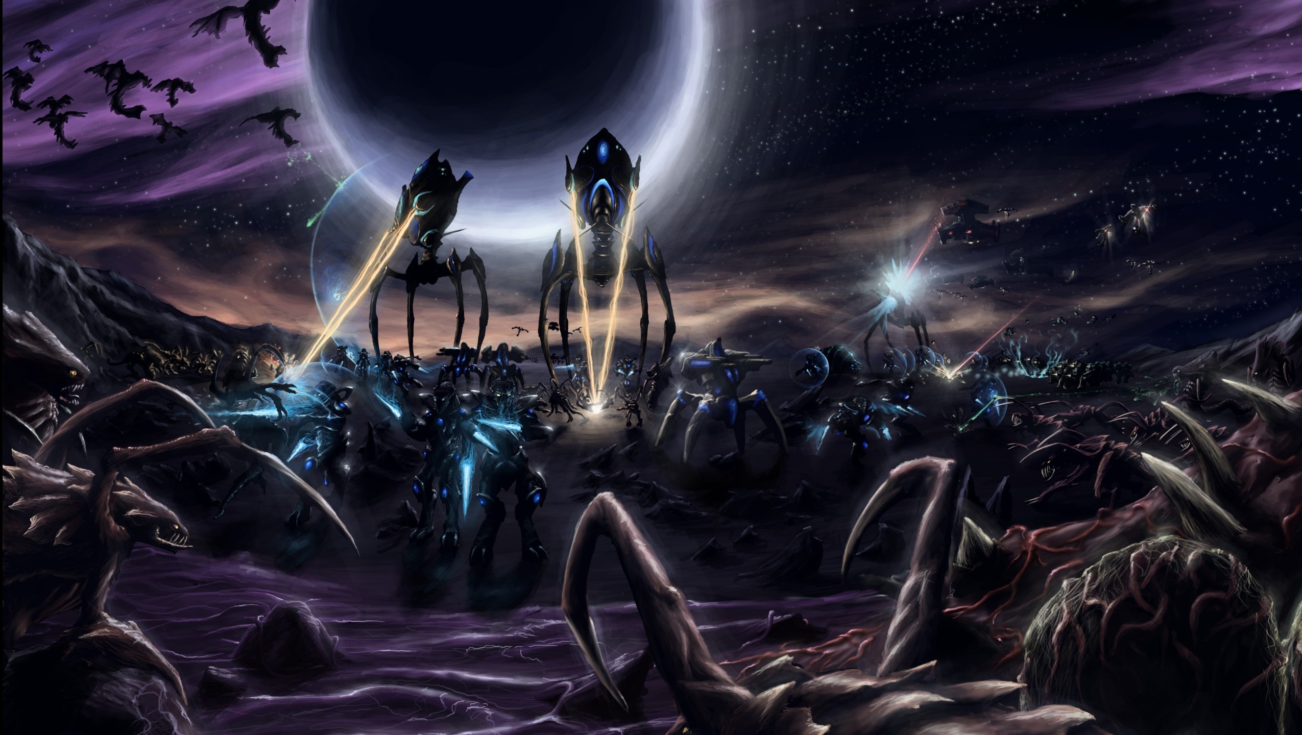 StarCraft II, Protoss, Zerg, Battaglia, Notte, Full HD, sfondo per PC