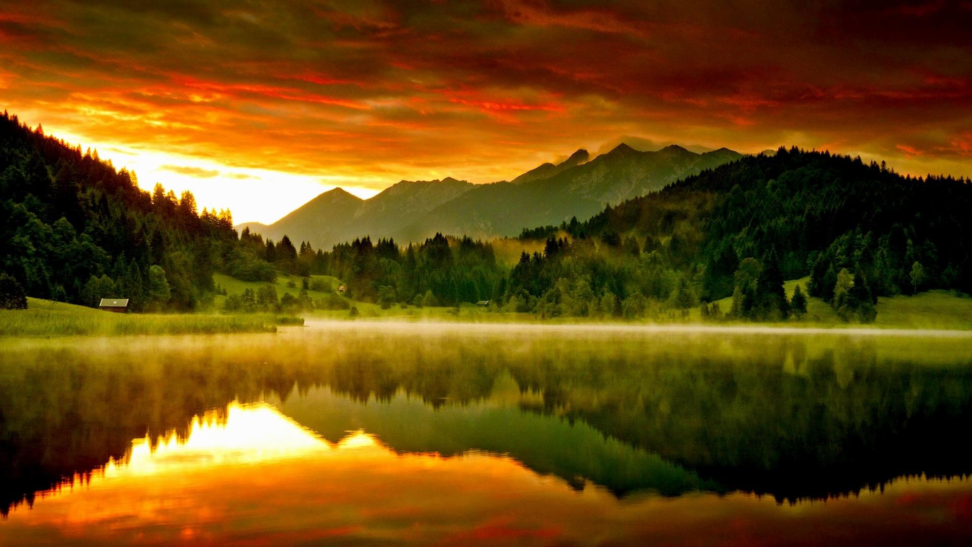 Lago, Montagne, Foresta, Riflesso, Tramonto, Full HD, sfondo per PC e portatile