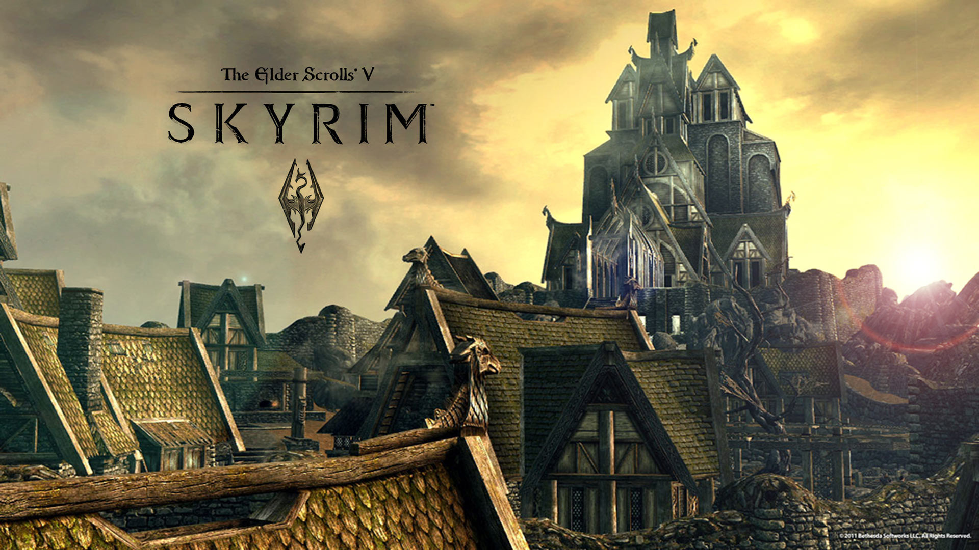 The Elder Scrolls V: Skyrim, Whiterun, Dragonsreach, Tramonto, 1920x1080, immagine di sfondo