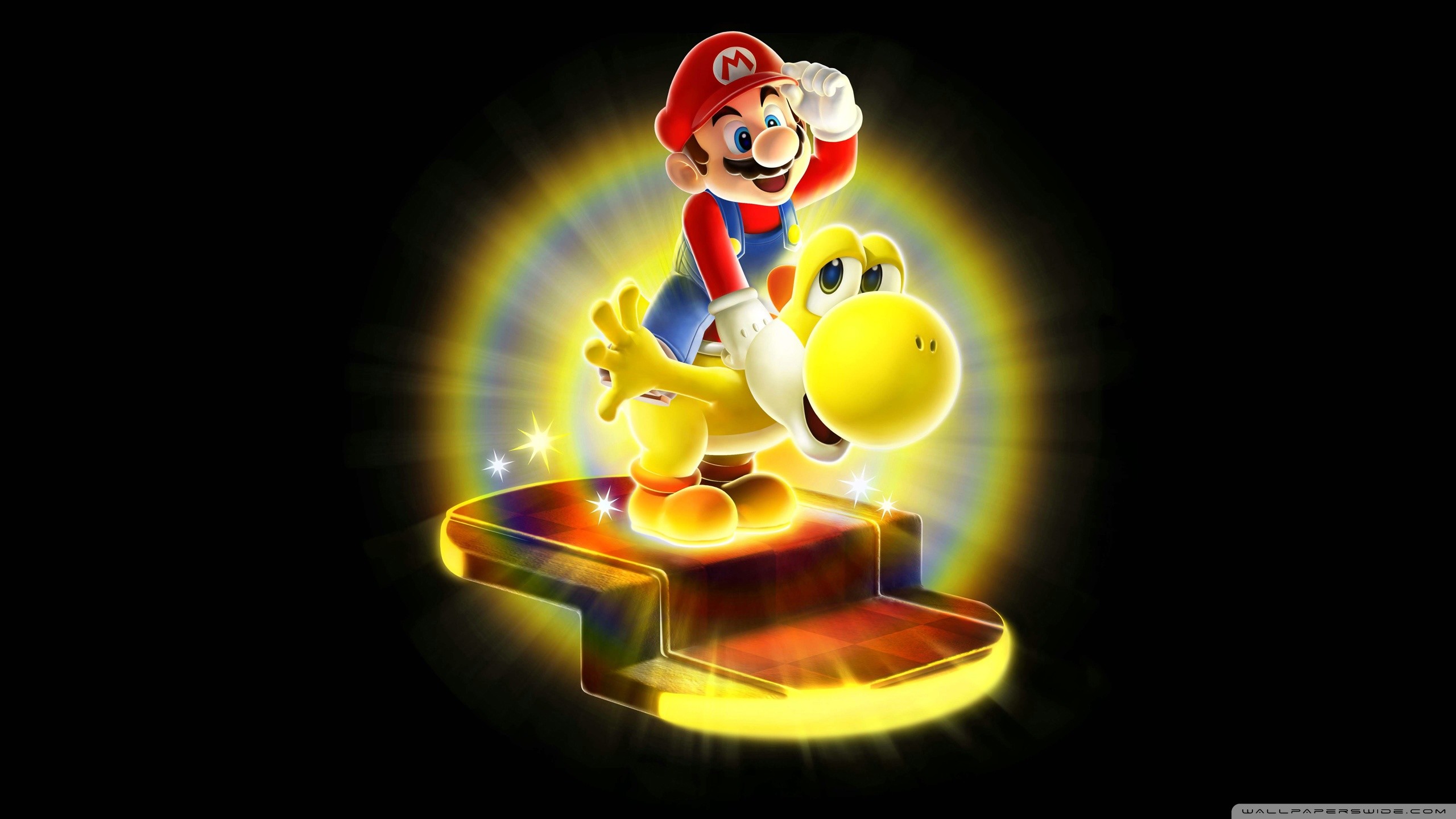 Mario, Yoshi, Super Mario Galaxy 2, Nintendo, Luce dorata, Sfondo nero, wallpaper Windows 11