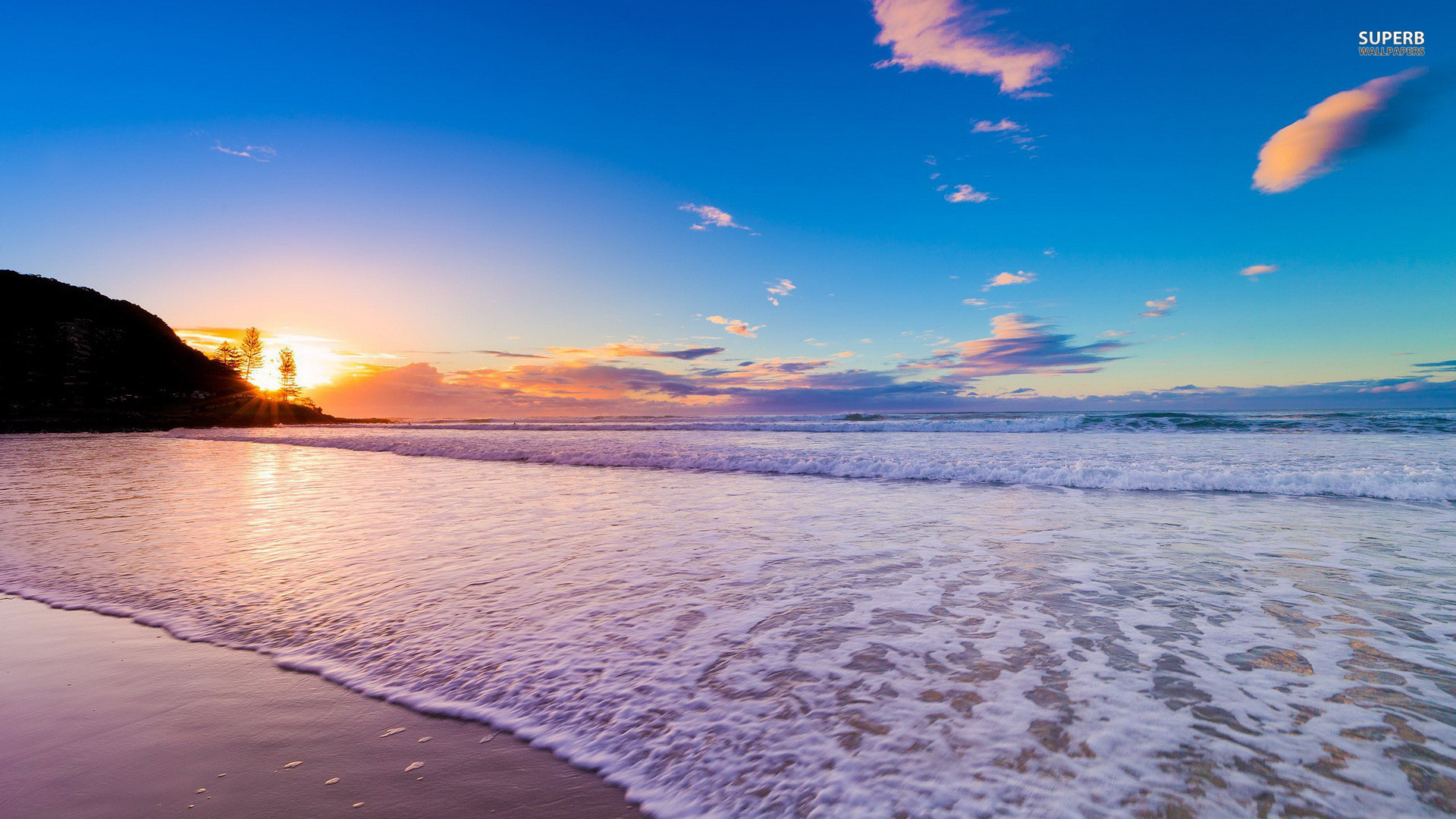 Tramonto, Onde, Riva, Cielo azzurro, Full HD, sfondo desktop