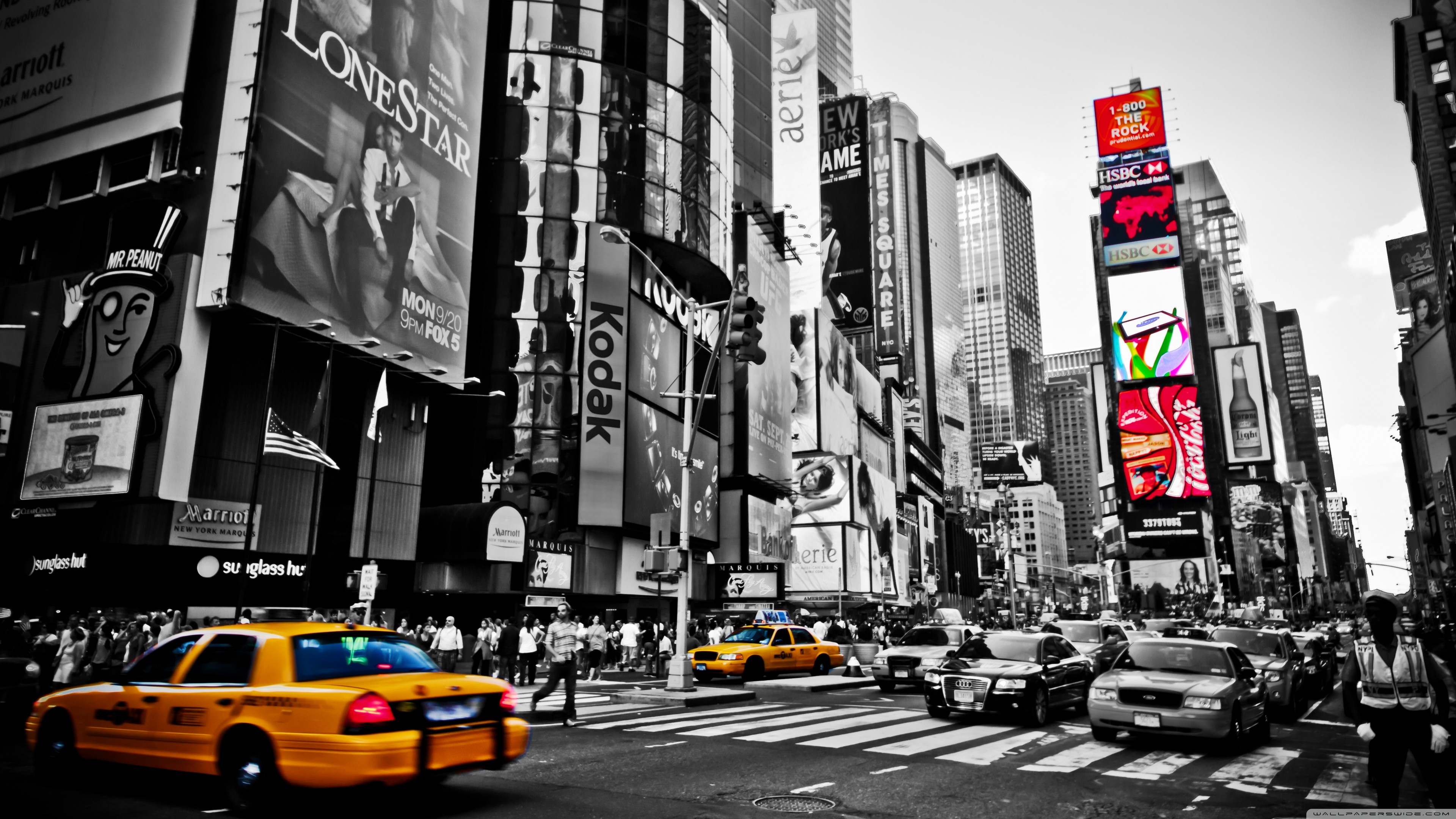Times Square, New York, Taxi gialli, Colore selettivo, Bianco e nero, sfondo desktop 4K