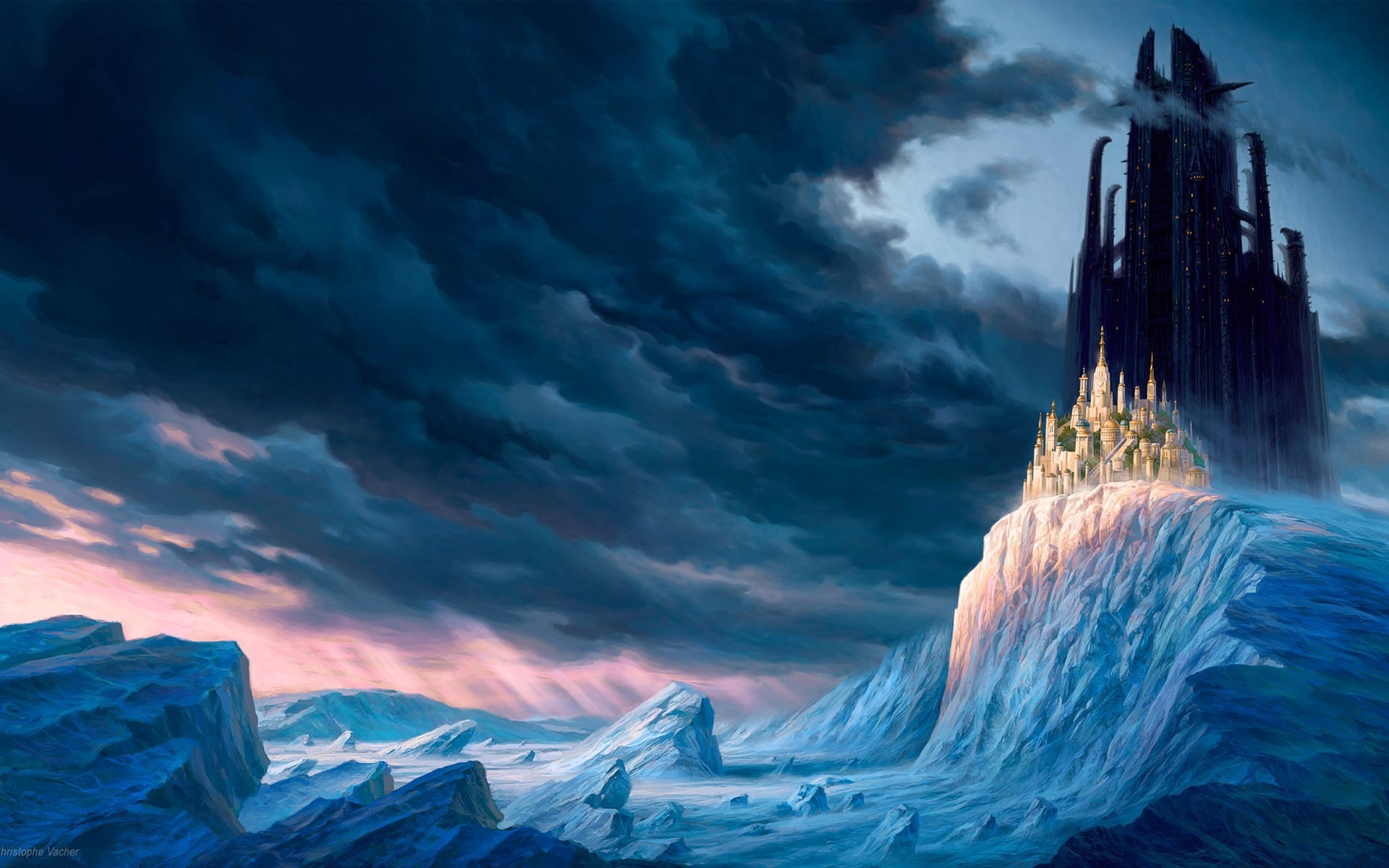 Castello, Paesaggio fantasy, Nuvole, Ghiaccio, Full HD, sfondo desktop