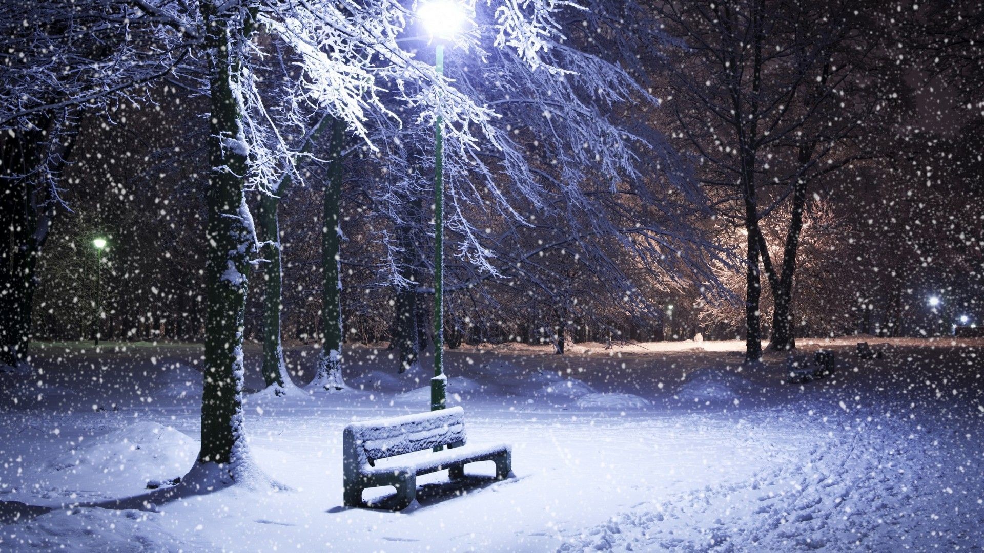 Parco innevato, Panchina, Lampione, Nevicata, Notte, 1920x1080, sfondo per PC