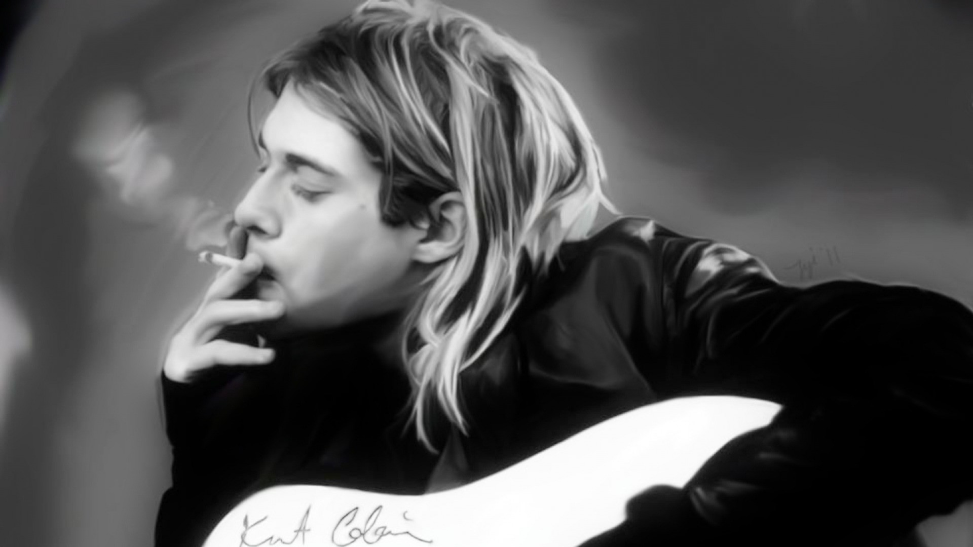 Kurt Cobain, Sigaretta, Pittura digitale, Bianco e nero, Full HD, wallpaper per PC