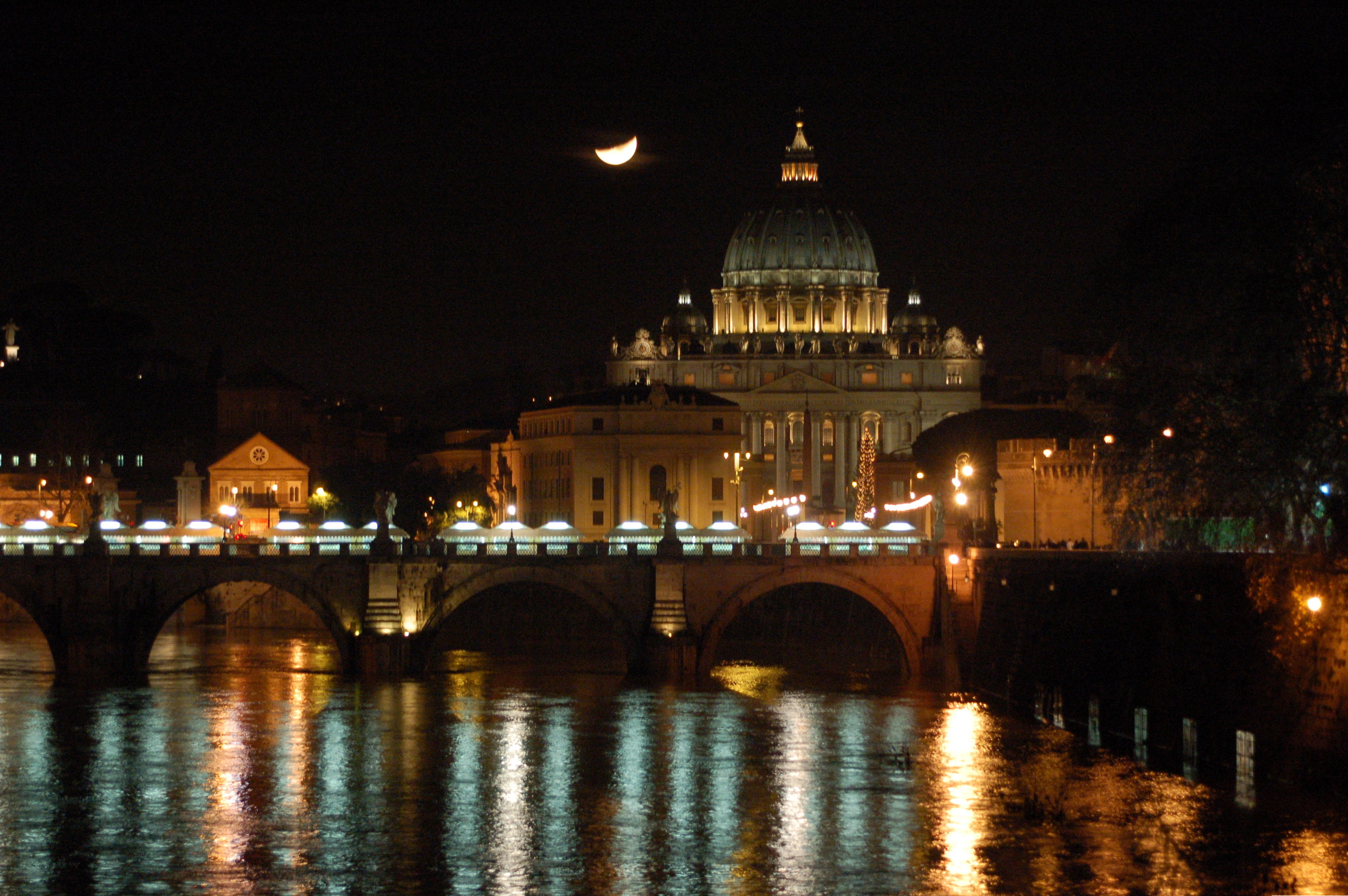 Basilica di San Pietro, Ponte Vittorio Emanuele II, Tevere, Roma, Notte, Luna, sfondo 2K