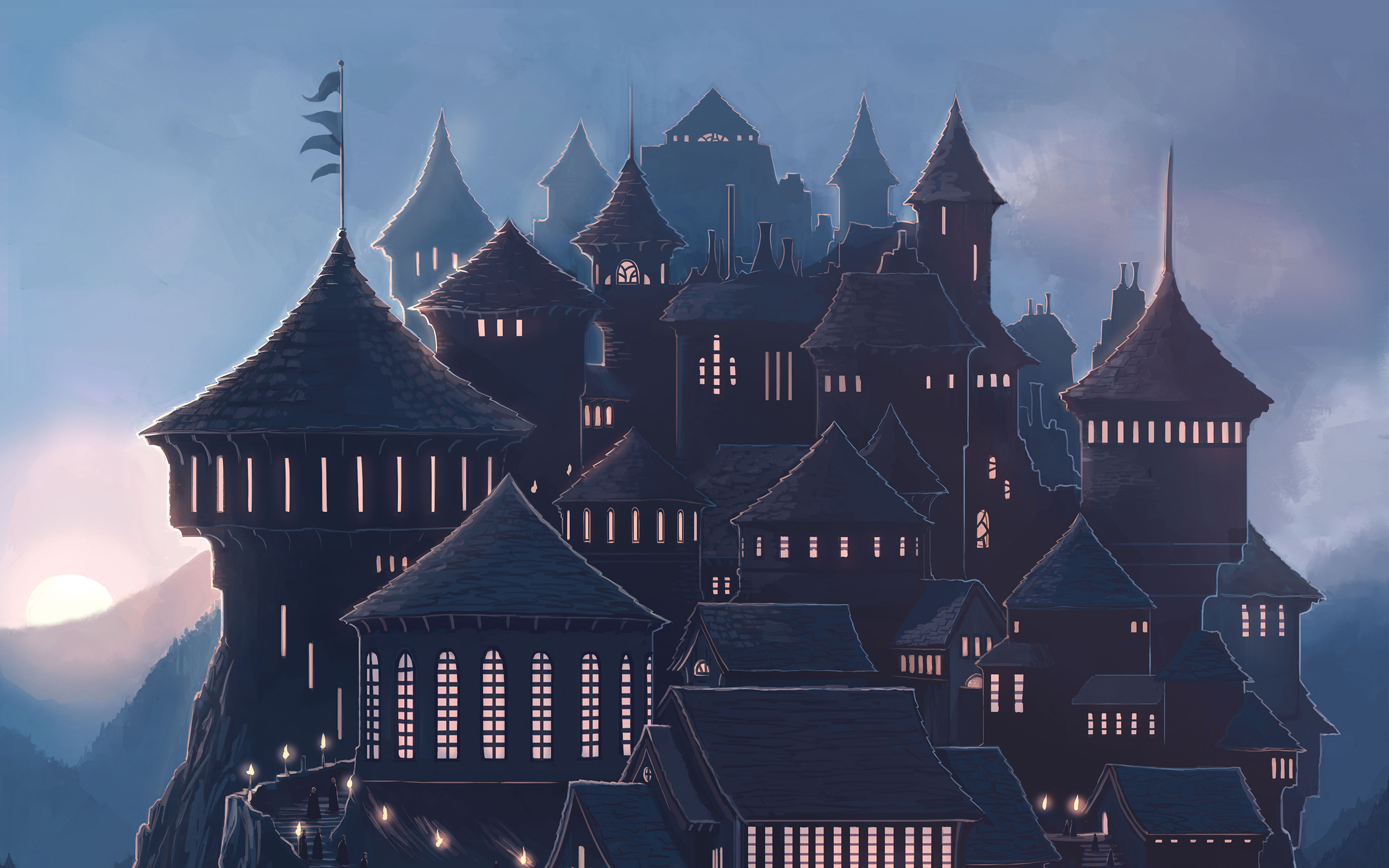 Castello di Hogwarts, Illustrazione, Torri, Tramonto, 2880x1800, immagine di sfondo