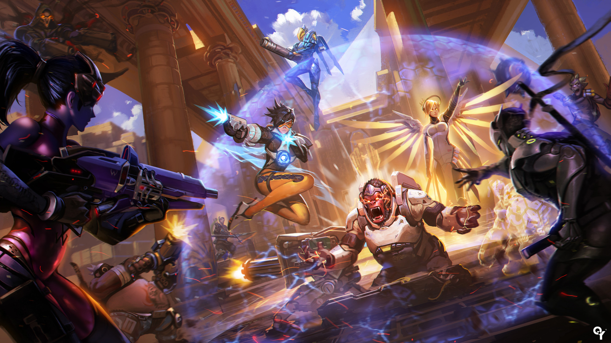 Overwatch, Tracer, Widowmaker, Reaper, Mercy, Winston, Full HD, sfondo Windows 11