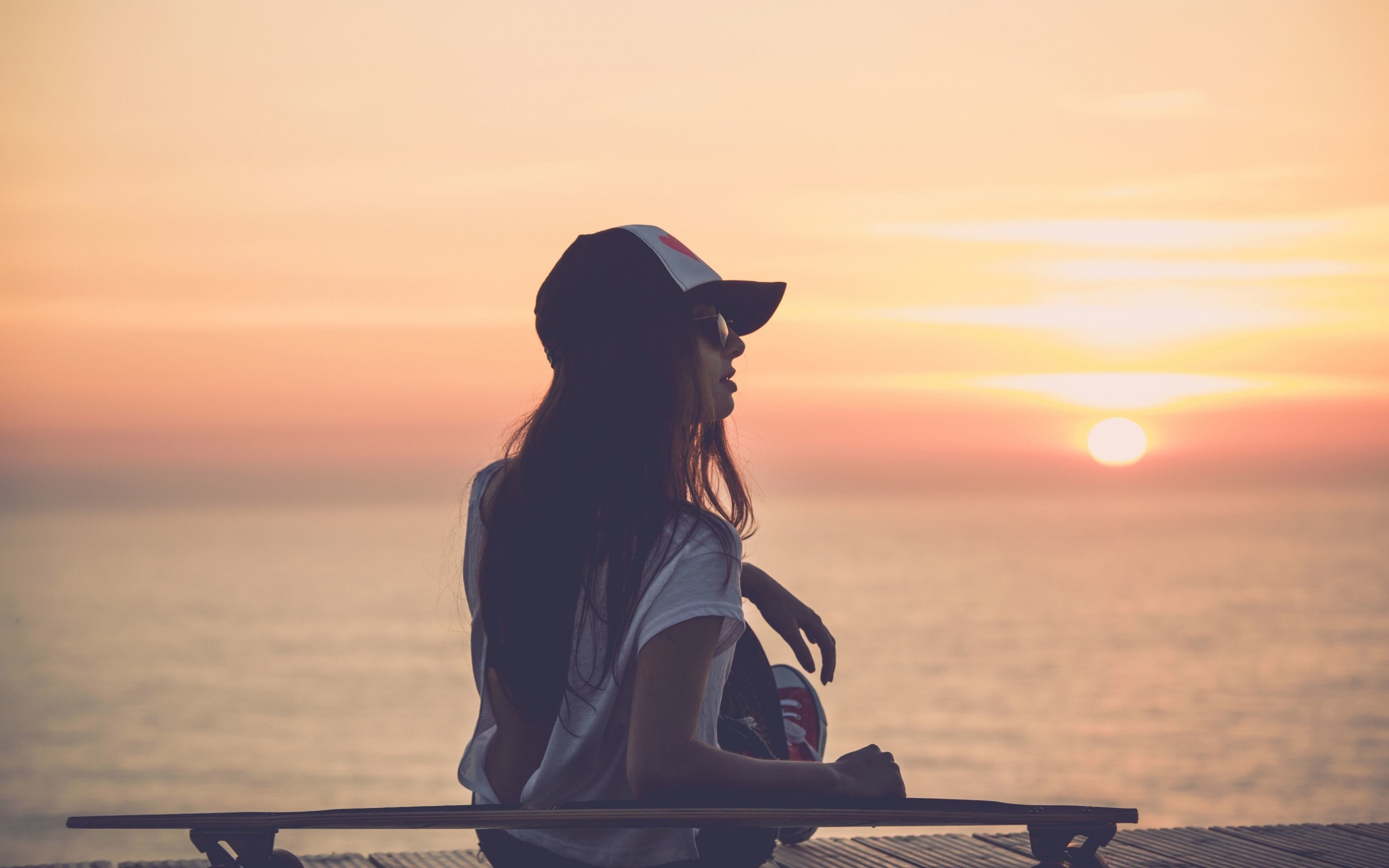 Longboard, Ragazza, Tramonto, Mare, Silhouette, 2K, sfondo per PC