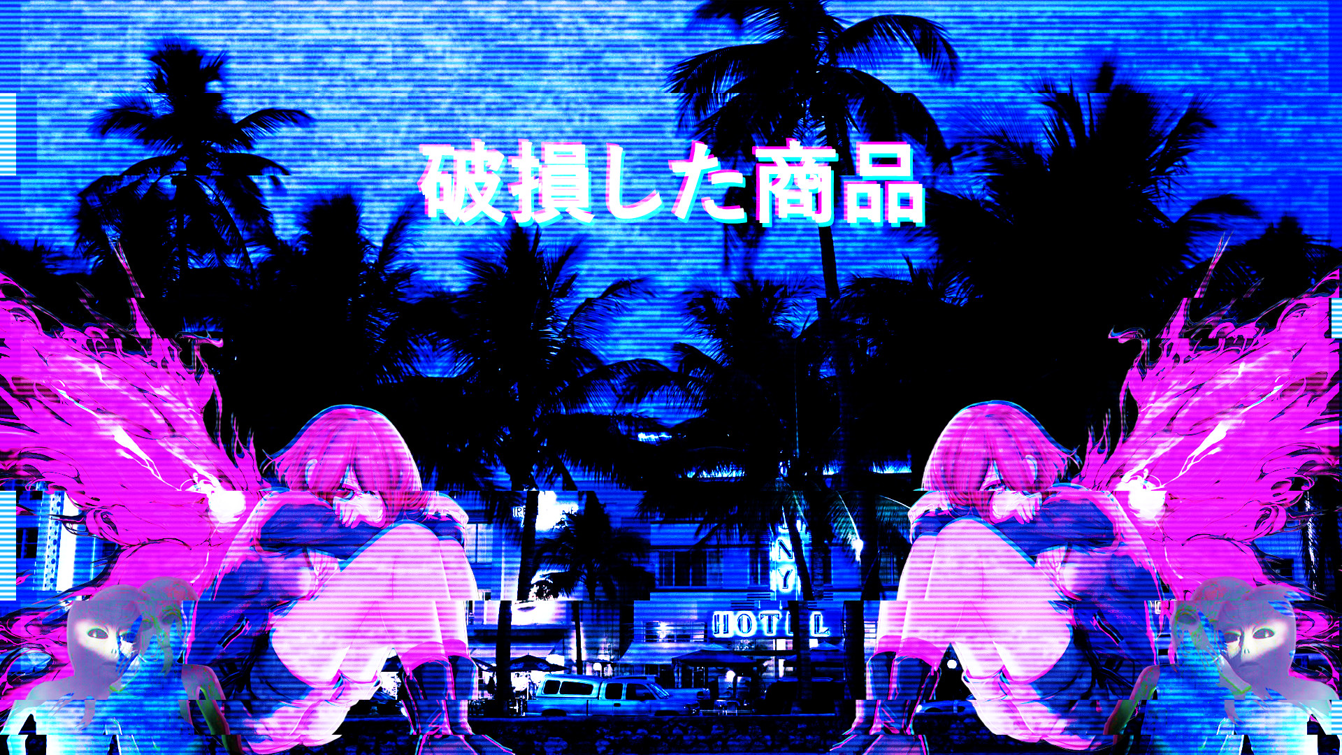 Vaporwave, Palme, Kanji, Ali, Neon, Blu, Full HD, sfondo desktop