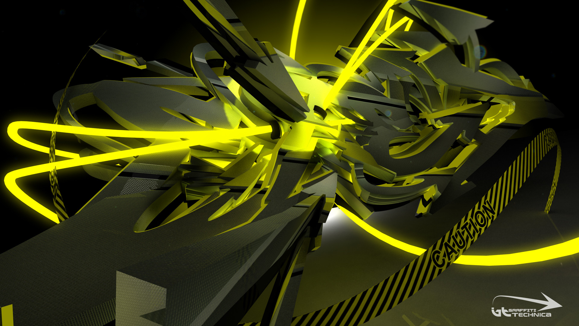 Astratto, Rendering 3D, Giallo, Sfondo nero, 16:9 Full HD, wallpaper widescreen