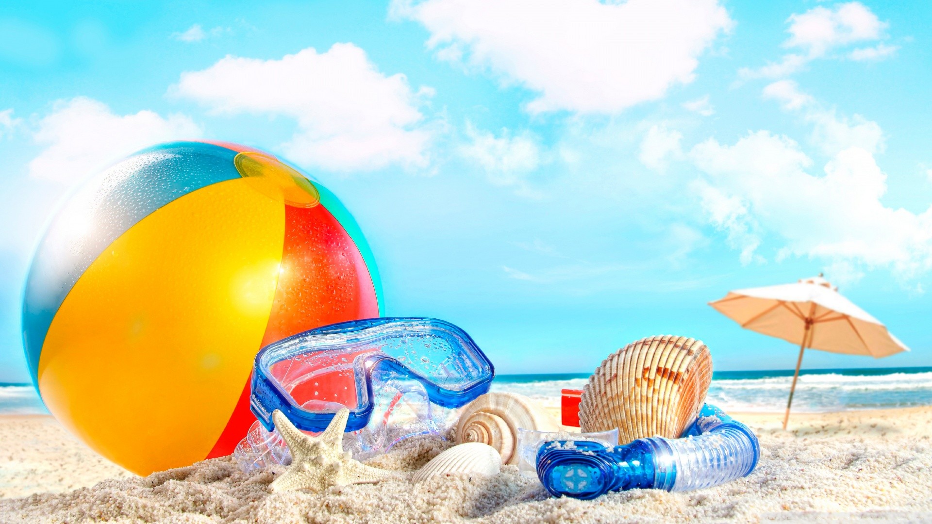 Pallone da spiaggia, Maschera da sub, Conchiglie, Ombrellone, Spiaggia, sfondo Full HD per portatile