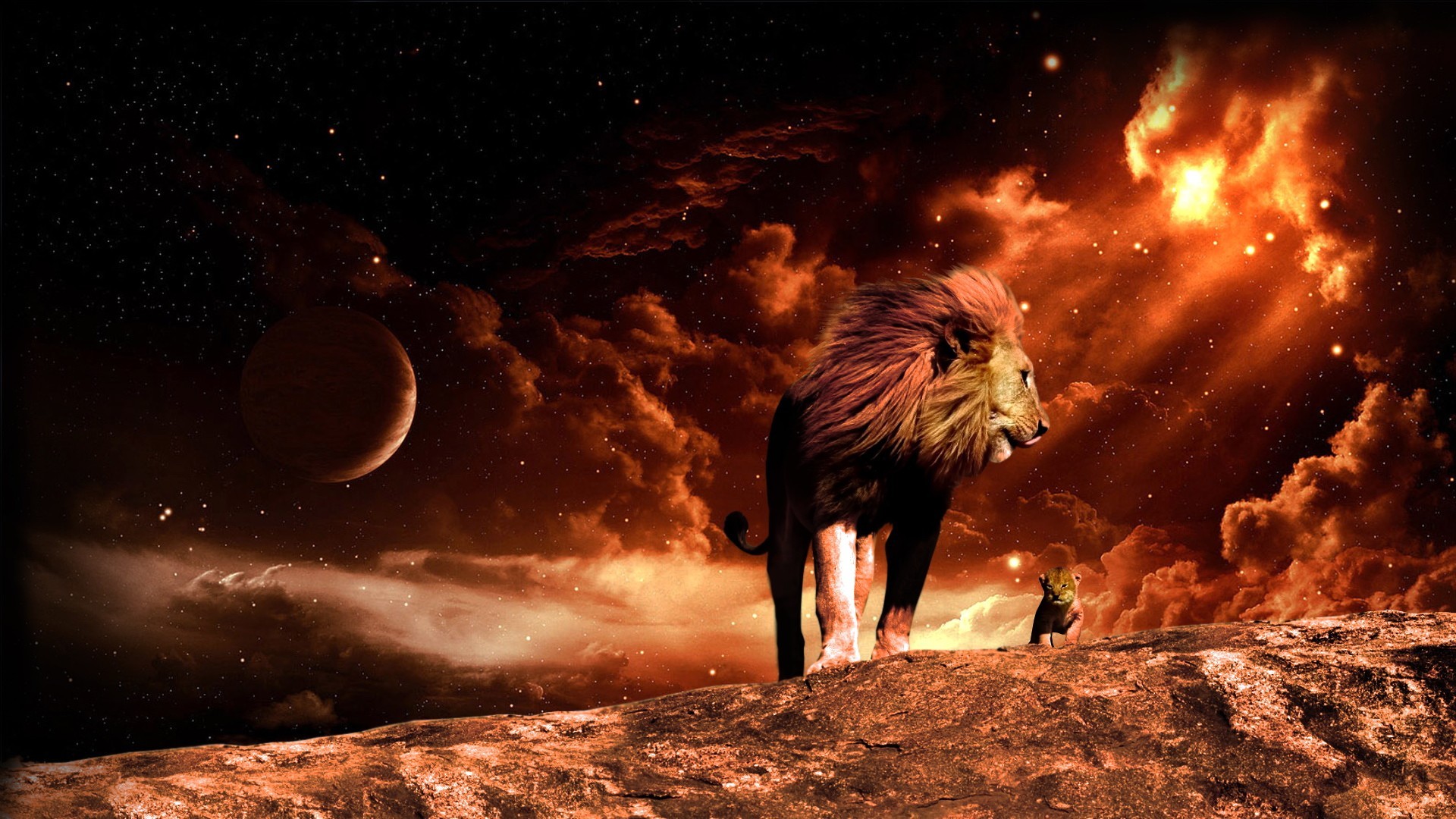 Leone, Paesaggio fantasy, Pianeta, Cielo rosso, 1920x1080, sfondo per PC