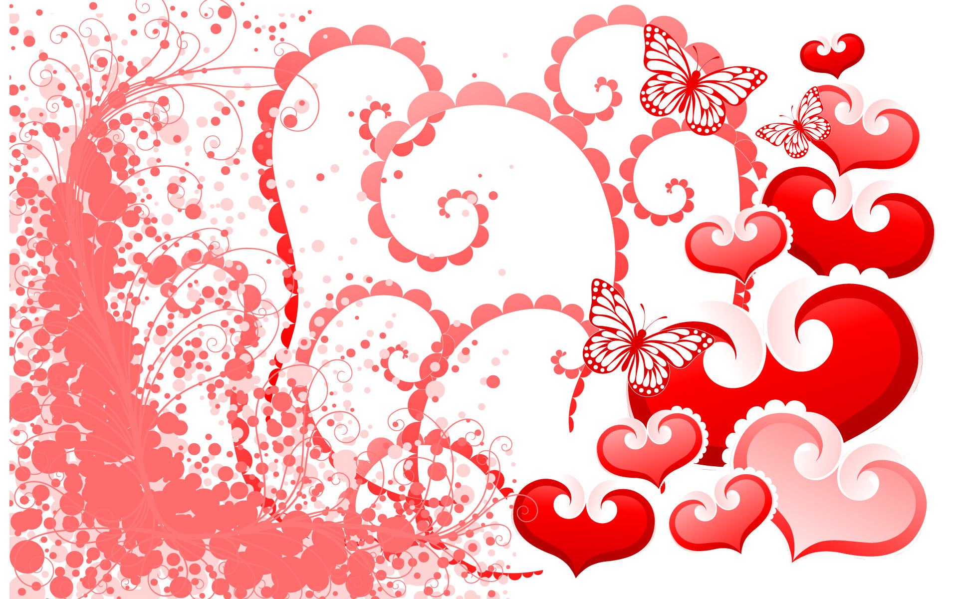 Cuori, Farfalle, Arabeschi, Sfondo bianco, 16:10 Full HD, wallpaper widescreen