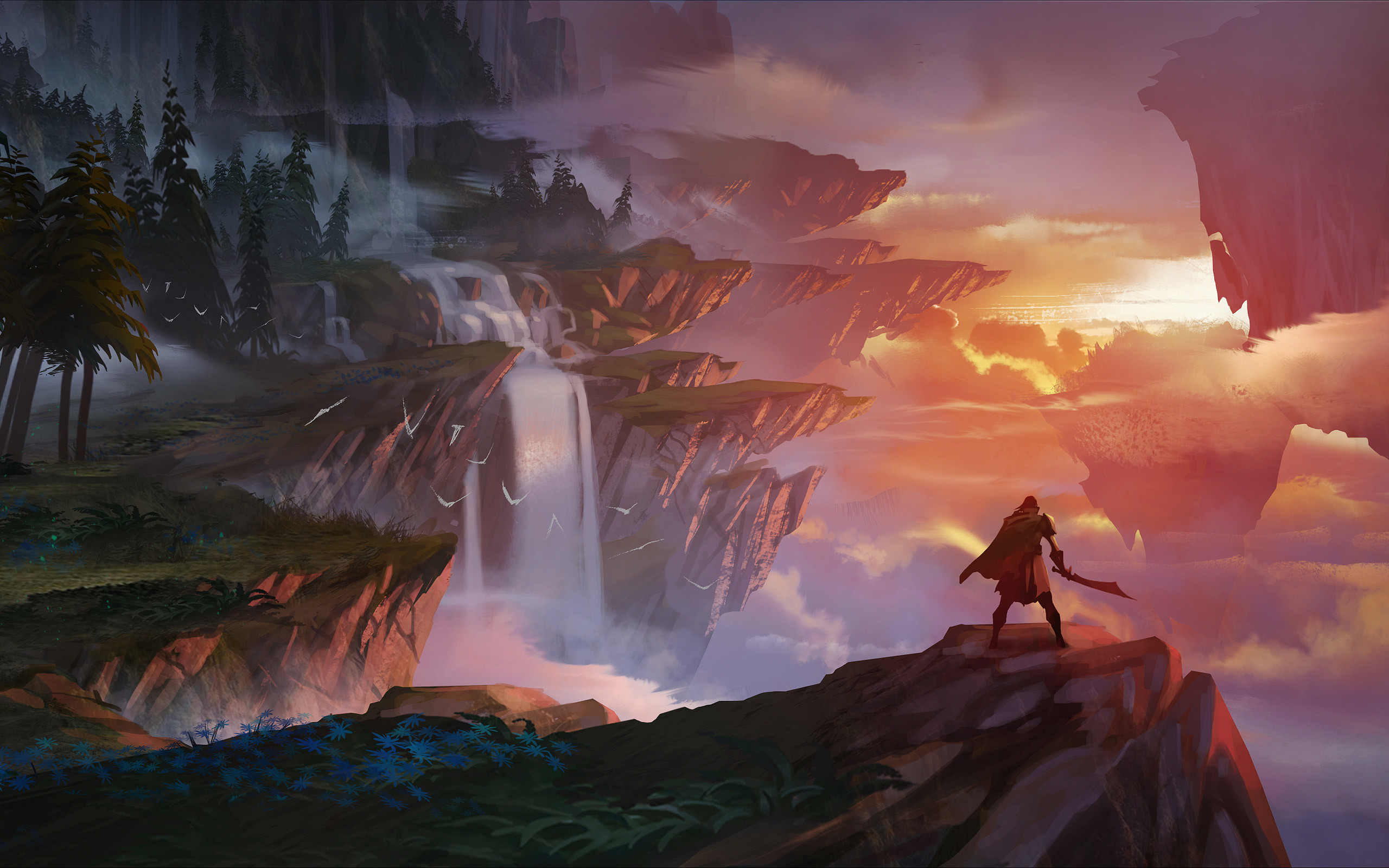 Guerriero, Cascata, Fantasy, Tramonto, Arte digitale, 2K, sfondo Windows Vista