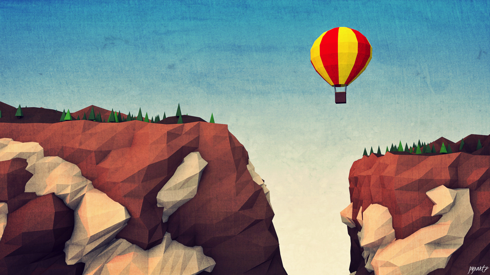 Low poly, Mongolfiera, Canyon, Cielo, 16:9 Full HD, sfondo widescreen