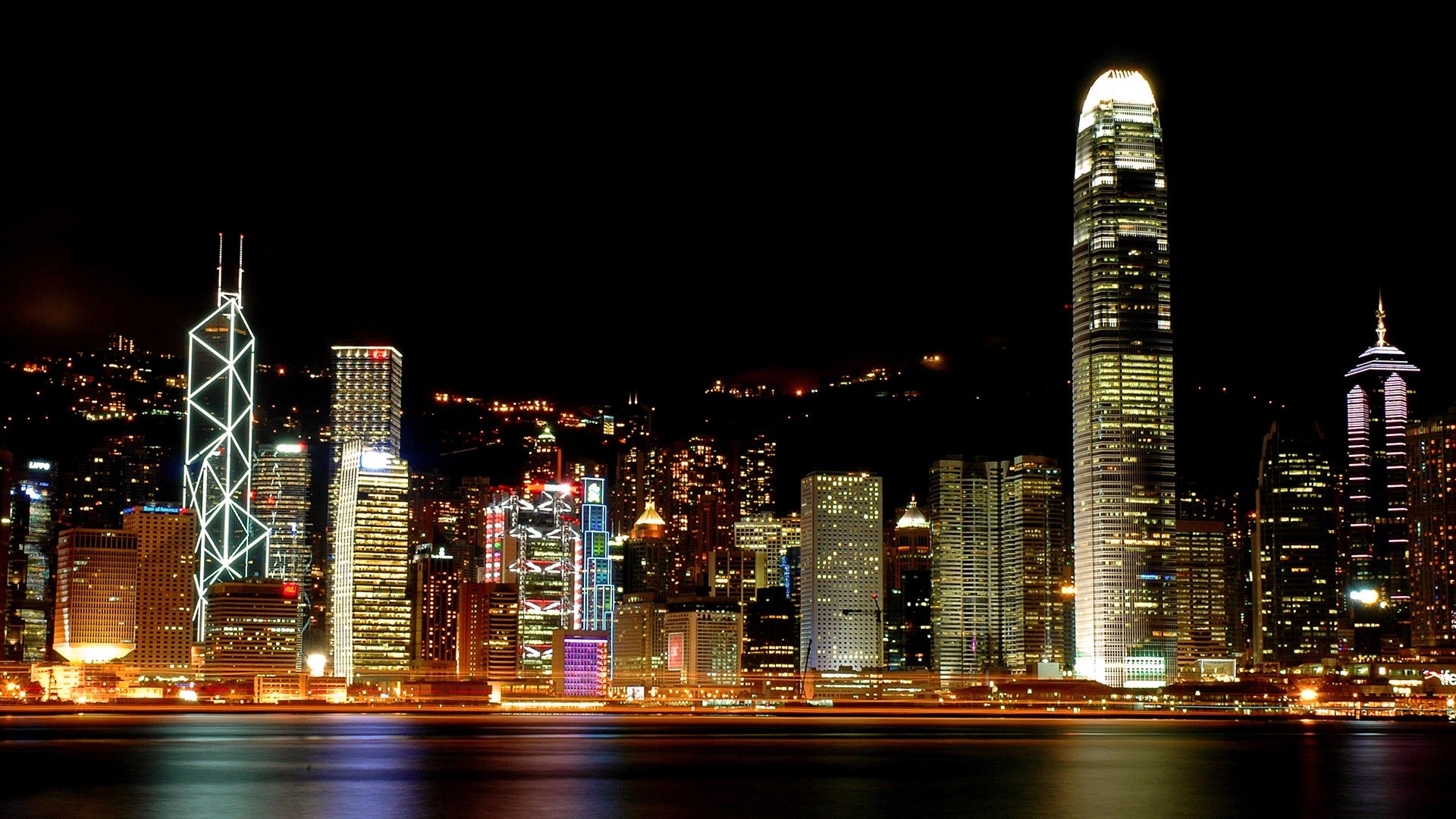 Hong Kong, Victoria Harbour, Two IFC, Bank of China Tower, Skyline, Notte, wallpaper per portatile