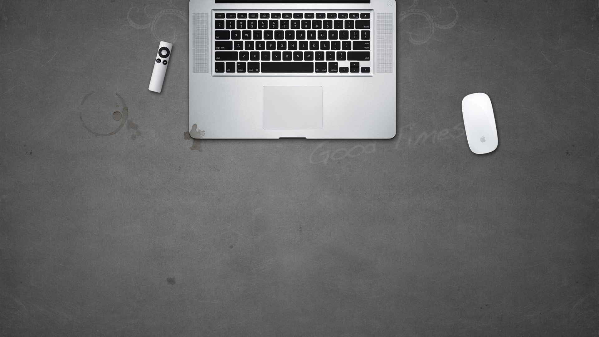 MacBook Pro, Apple TV Remote, Magic Mouse, Scrivania, Vista dall'alto, sfondo Mac Full HD