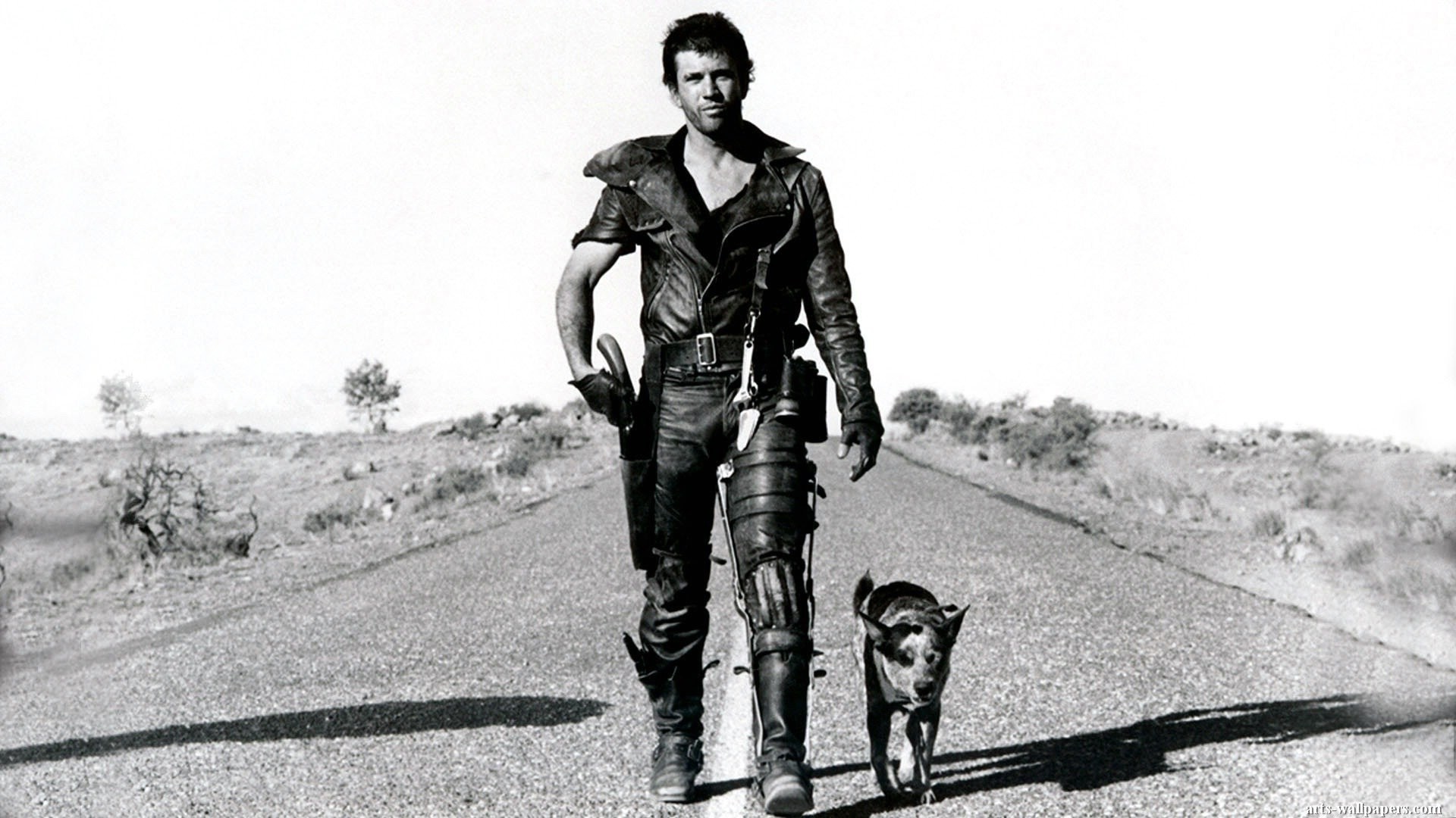 Mad Max 2: Interceptor, il guerriero della strada, Mel Gibson, Max Rockatansky, Cane, Bianco e nero, sfondo Full HD