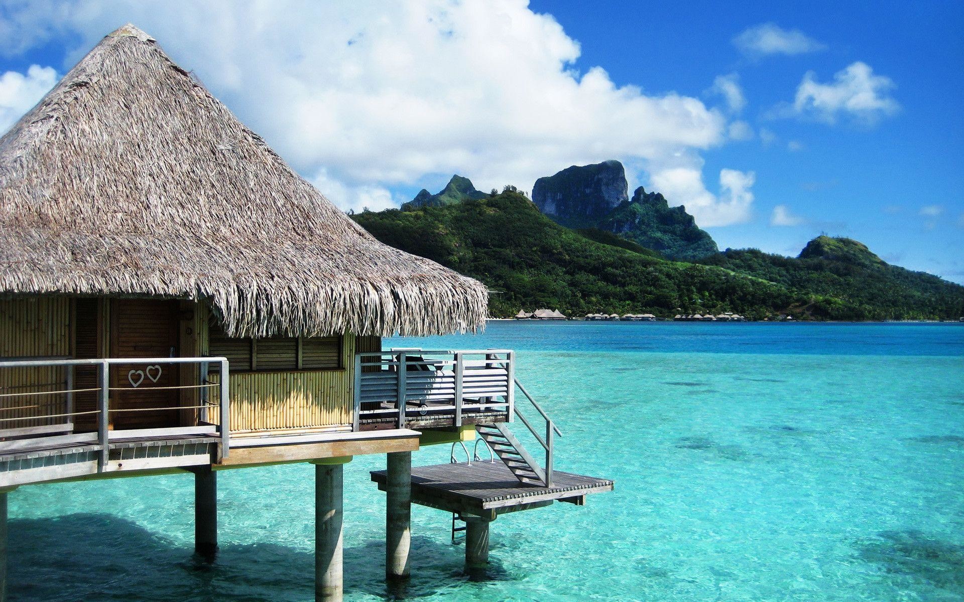 Bora Bora, Monte Otemanu, Bungalow sull'acqua, Laguna, Full HD, sfondo per PC