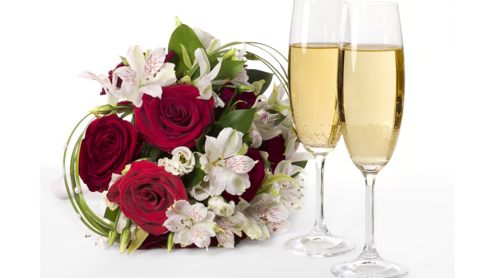 Bouquet di rose, Calici di champagne, Brindisi, Rose rosse, Alstroemeria, sfondo desktop 1080p