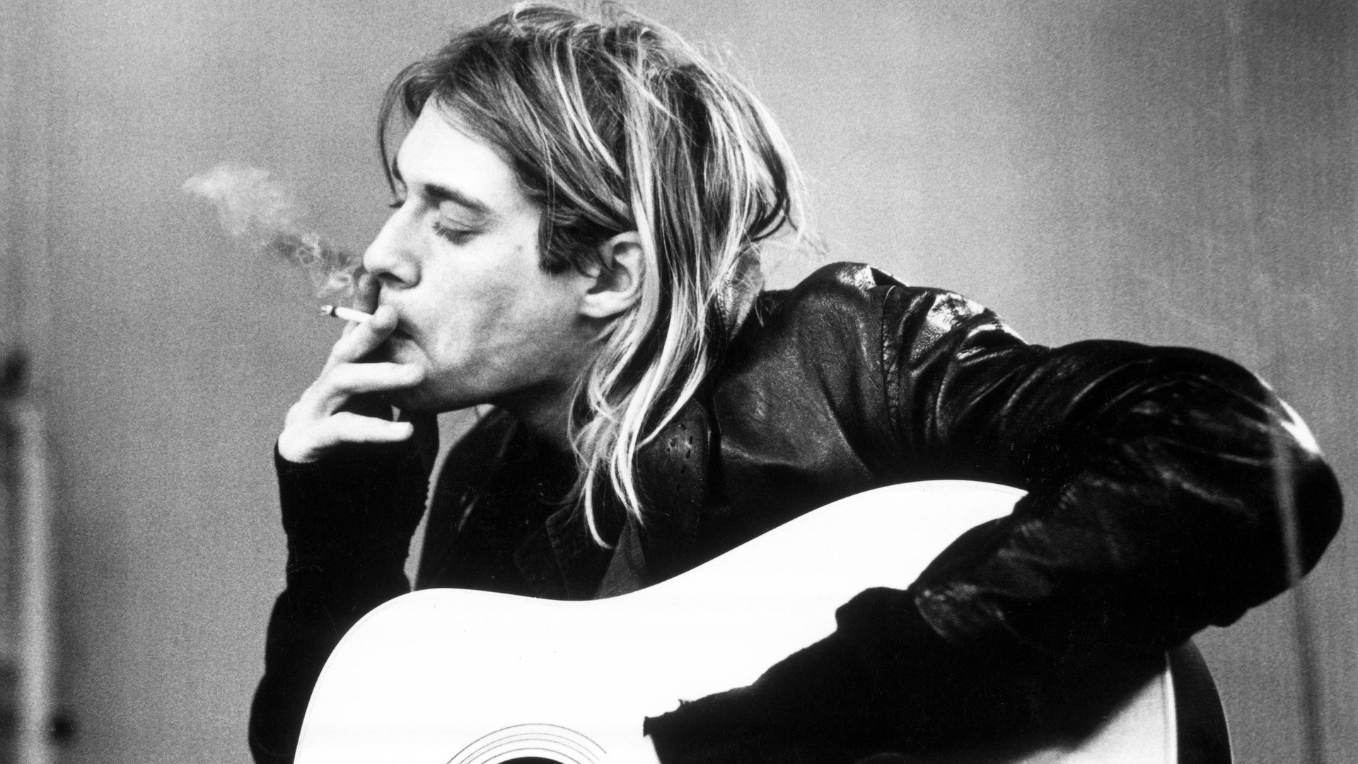Kurt Cobain, Nirvana, Chitarra, Sigaretta, Bianco e nero, Full HD, wallpaper per portatile