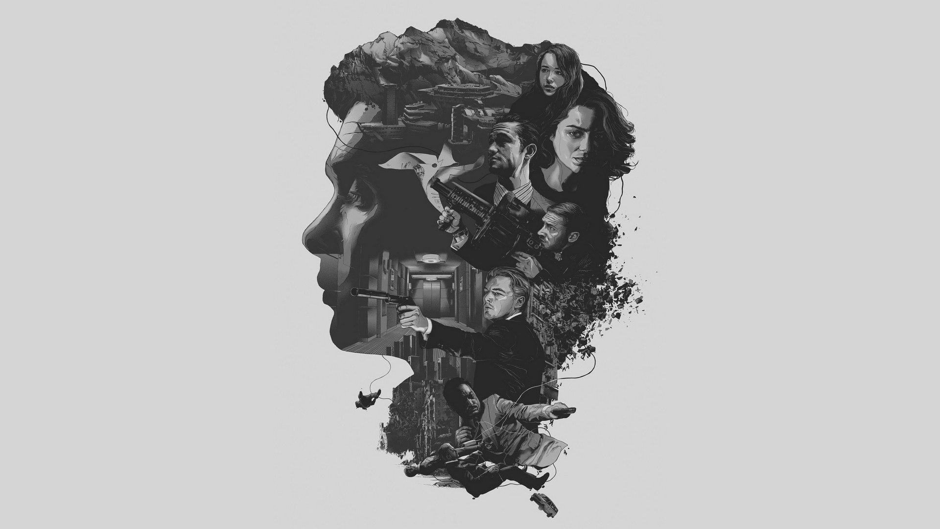 Inception, Leonardo DiCaprio, Doppia esposizione, Profilo, Sfondo grigio, wallpaper Windows 11