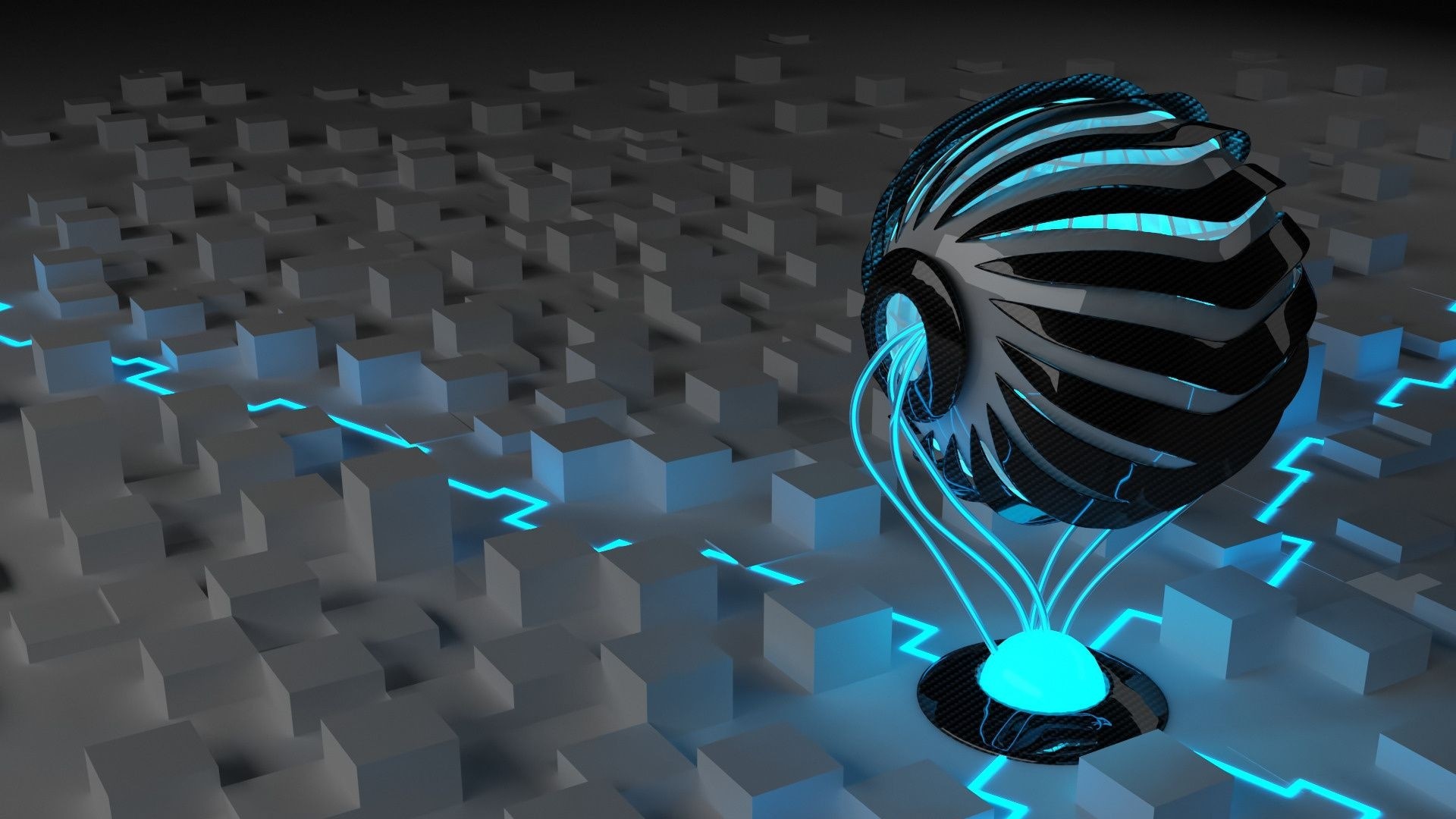 Sfera, Cubi, Linee luminose, Azzurro, 3D, Full HD, sfondo desktop