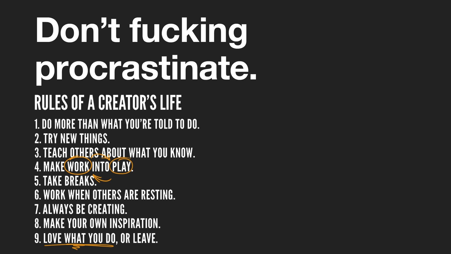 Don't fucking procrastinate, Rules of a creator's life, Tipografia, Elenco, Sfondo scuro, wallpaper Full HD