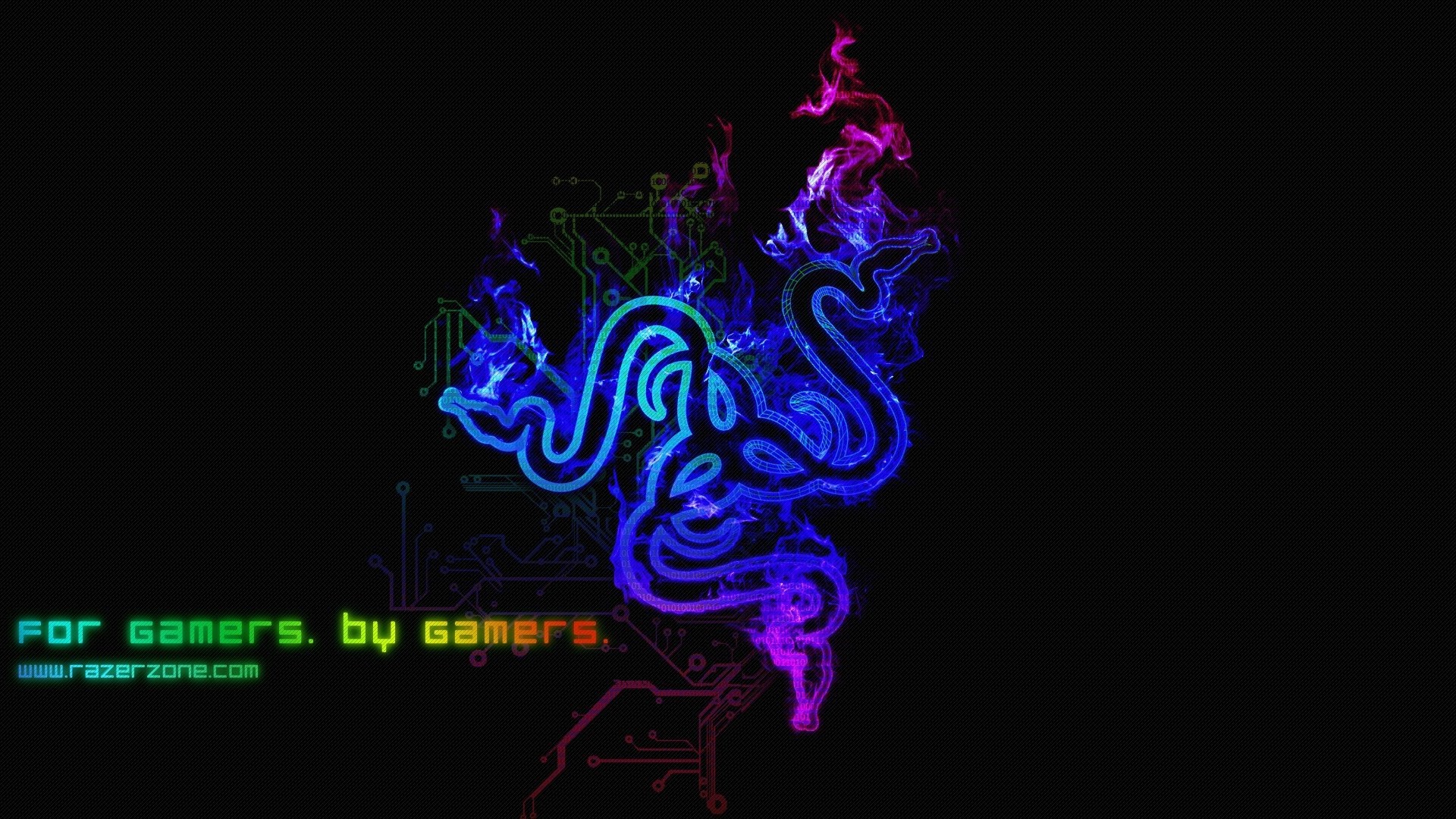 Razer, Logo Razer, For Gamers. By Gamers., Circuiti, Blu, Viola, sfondo Full HD per PC