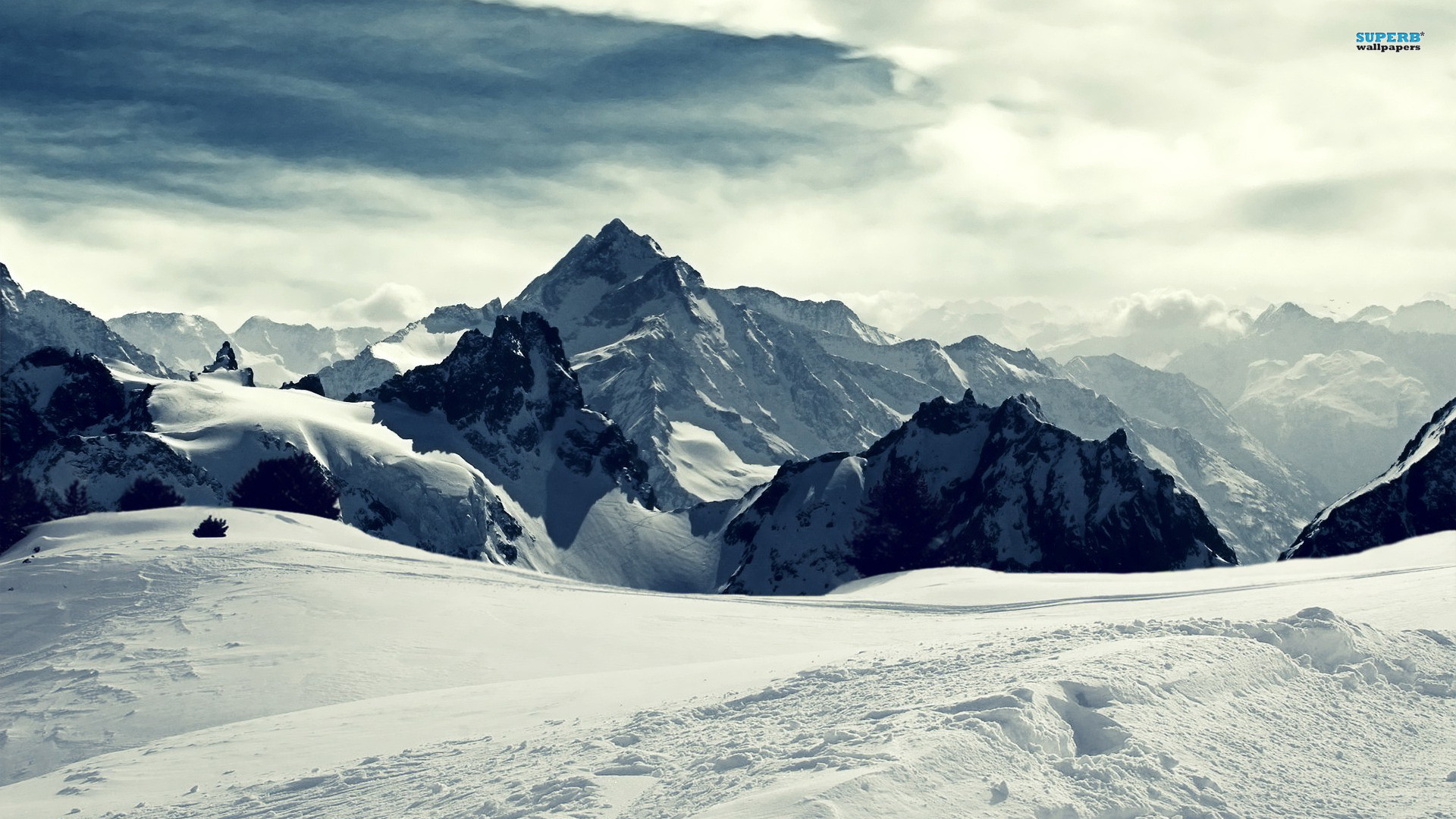 Montagne innevate, Neve, Alpi, Cielo nuvoloso, Full HD, sfondo desktop