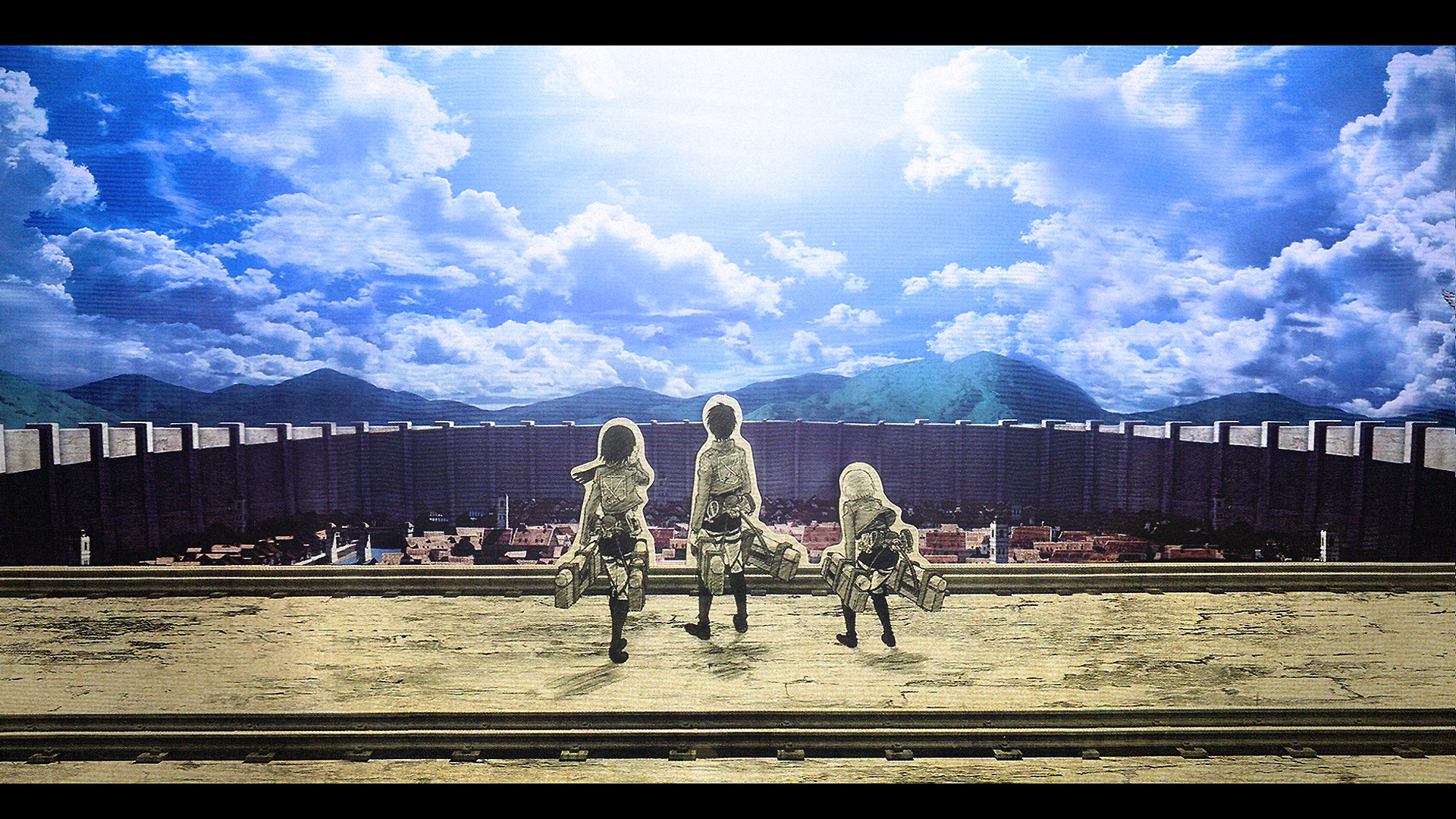 Eren Jaeger, Mikasa Ackerman, Armin Arlert, L'attacco dei giganti, Mura, Cielo azzurro, sfondo desktop