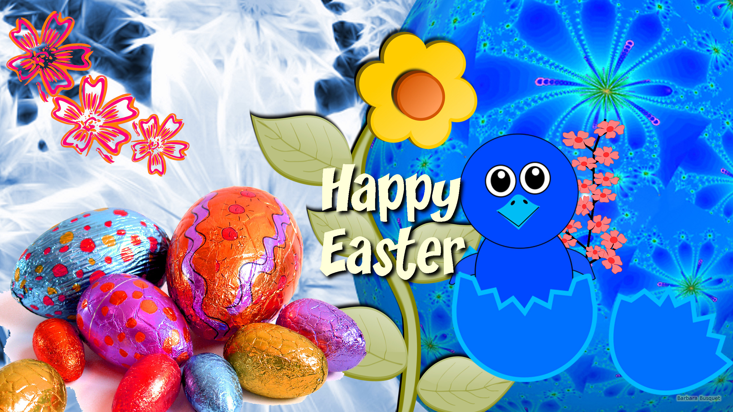 Buona Pasqua, Uova di Pasqua, Pulcino, Illustrazione, Blu, 2K, sfondo per portatile
