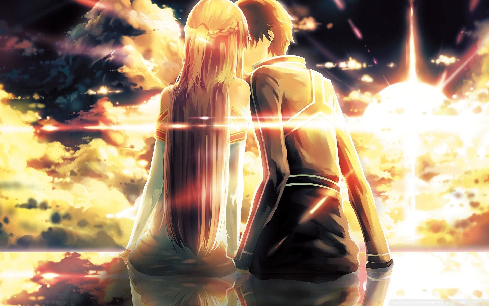 Kirito, Asuna, Sword Art Online, Tramonto, Bacio, 1920x1200, immagine di sfondo