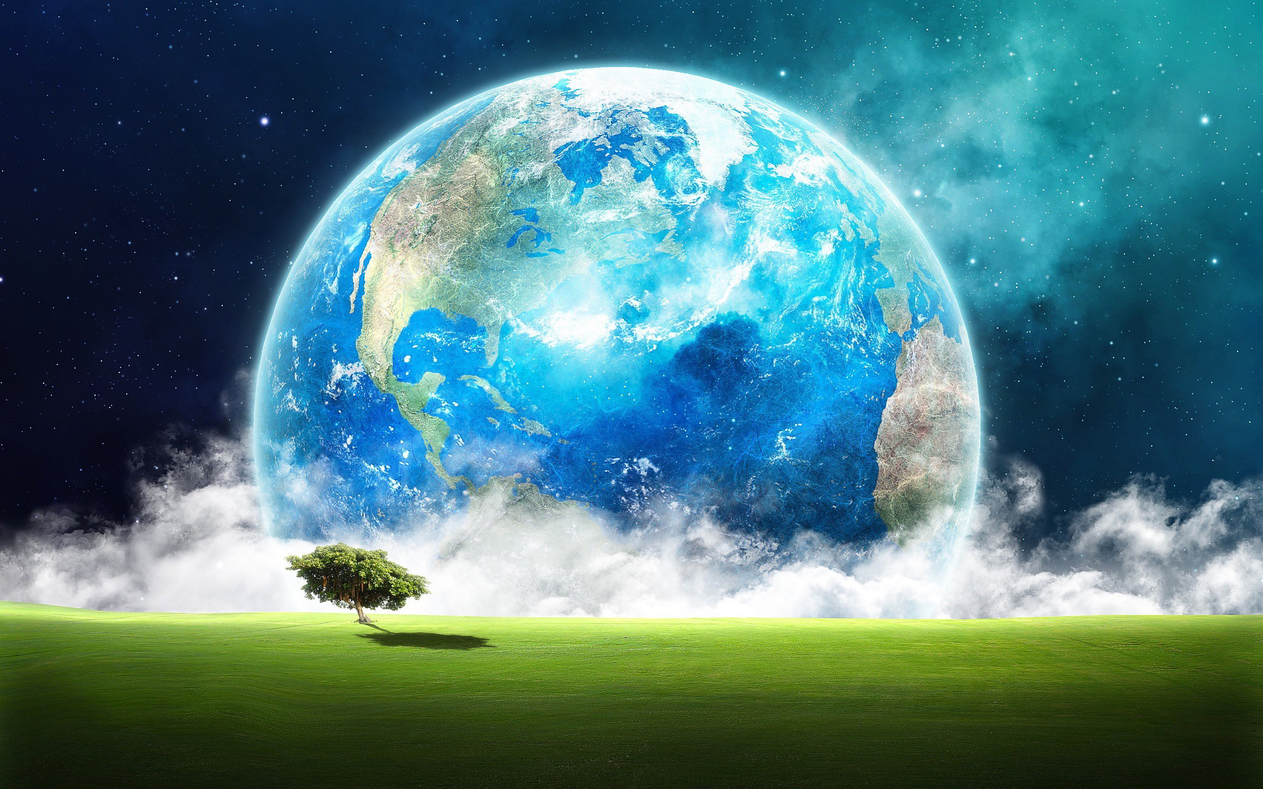Terra, Prato, Albero, Nuvole, Surreale, 2K, sfondo Windows 11