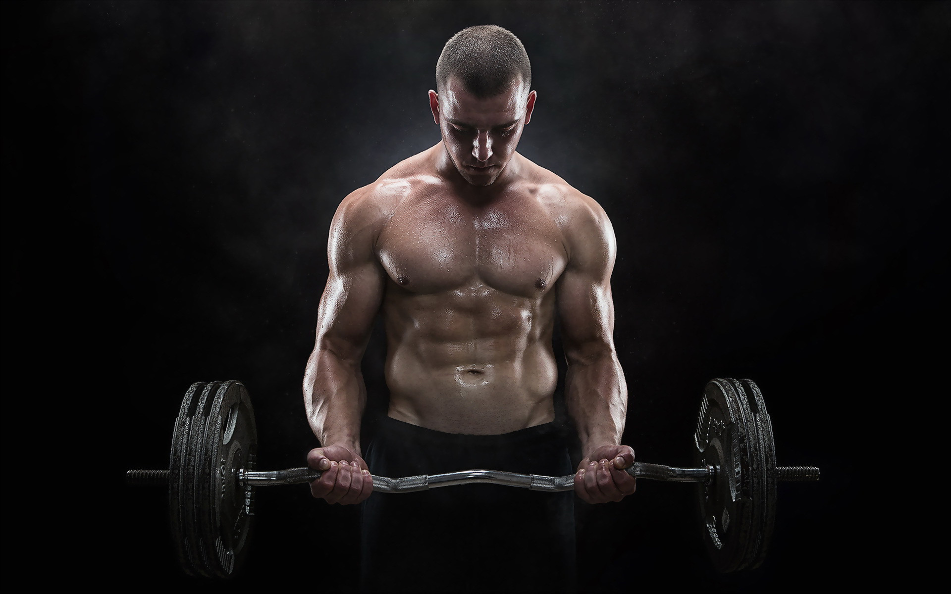 Curl con bilanciere, Bodybuilder, Muscoli, Sfondo nero, 16:10 Full HD, wallpaper widescreen