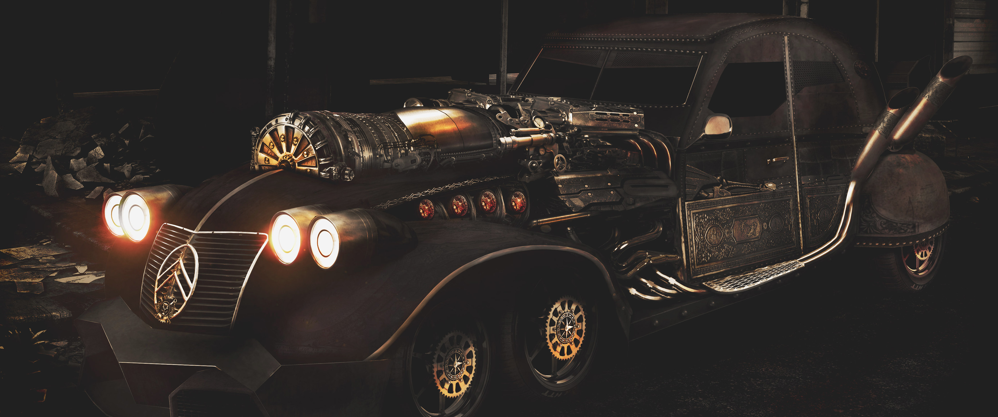 Auto modificata, Fari, Steampunk, Sfondo nero, 3440x1440, wallpaper desktop
