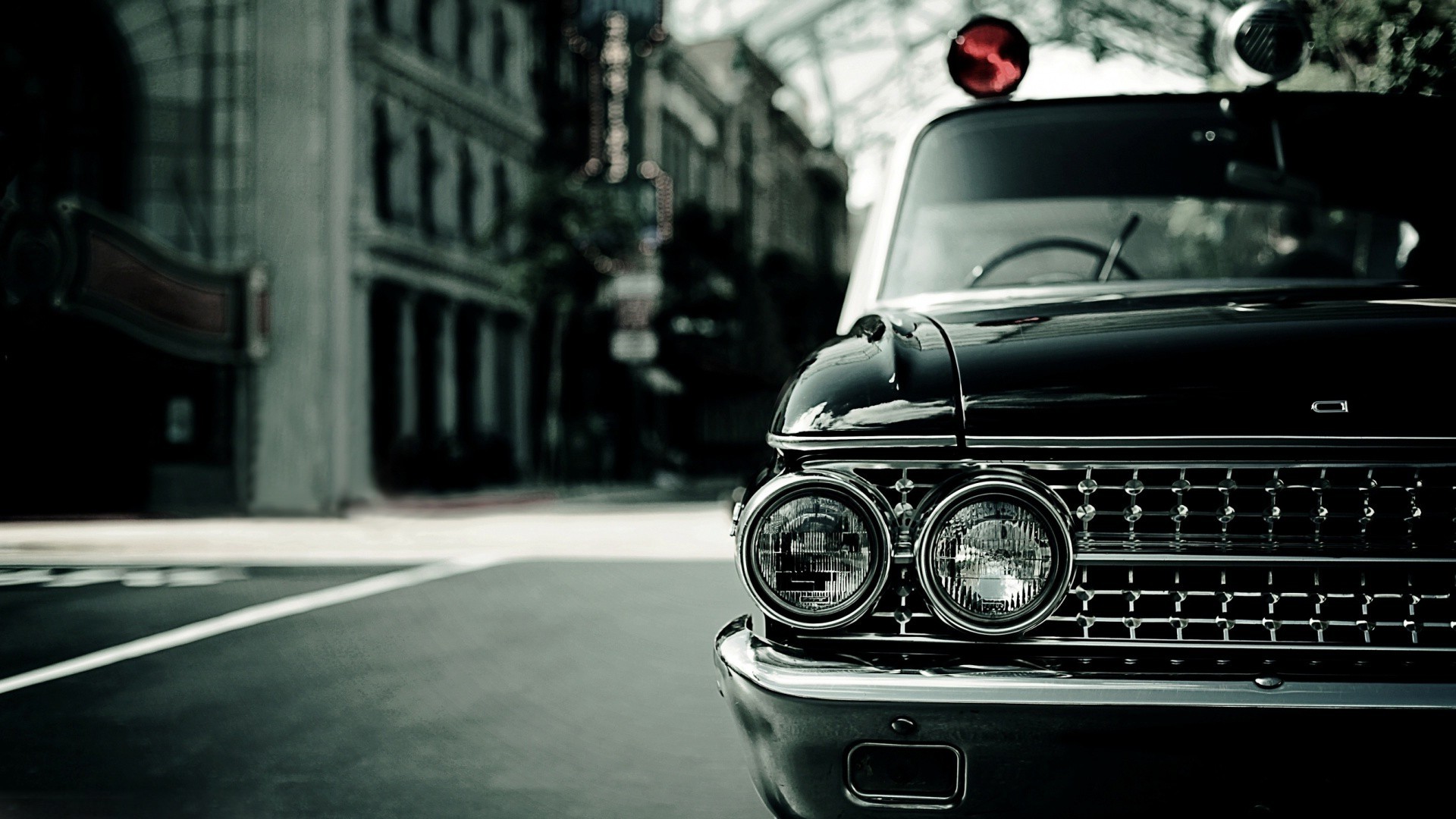Auto d'epoca, Calandra cromata, Strada, Bianco e nero, 16:9 Full HD, sfondo widescreen
