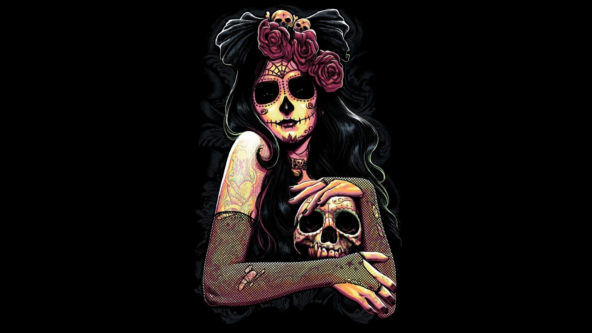 Catrina, Calavera, Trucco Día de los Muertos, Rose, Tatuaggi, Teschio, sfondo Full HD per computer