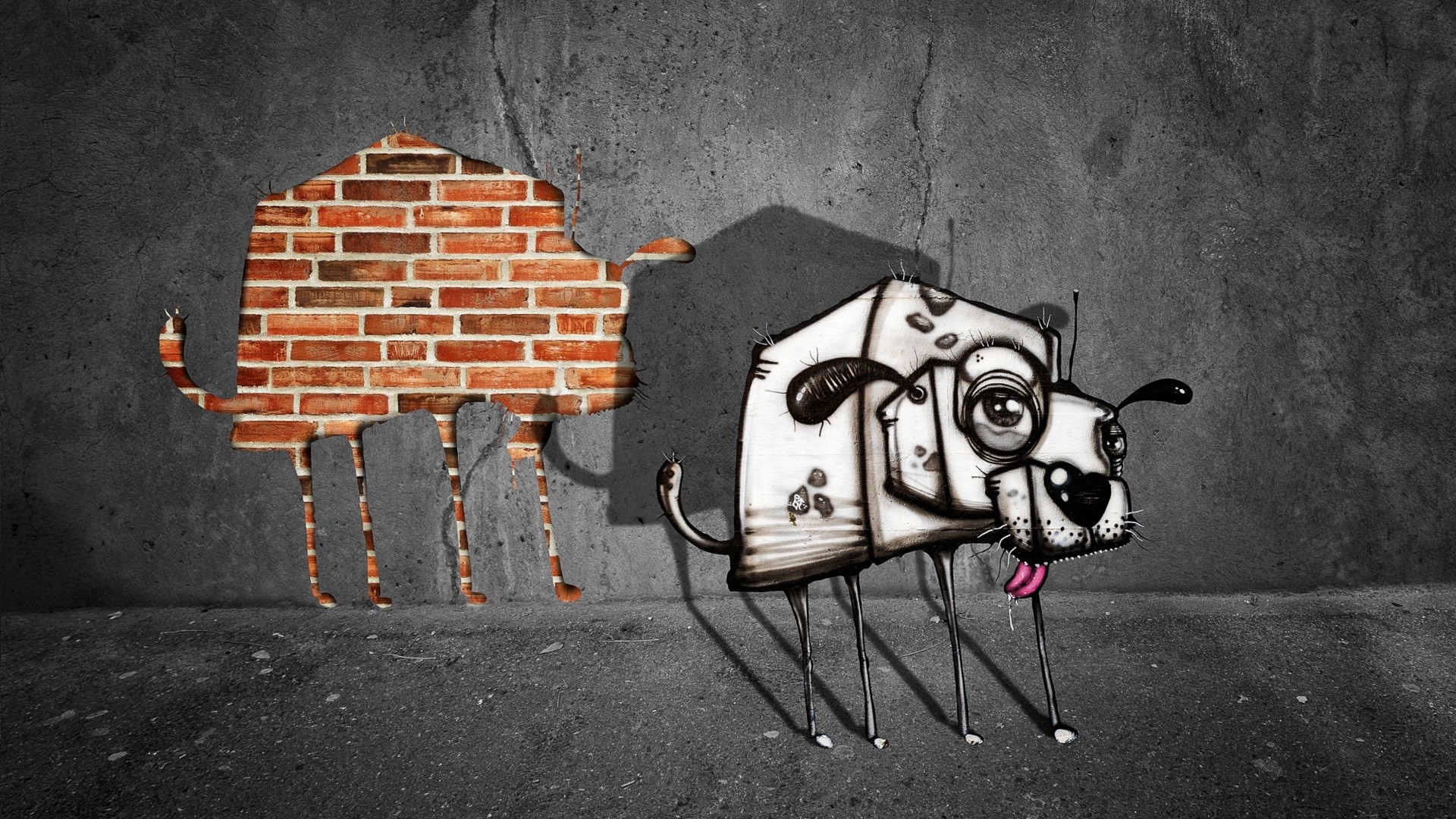 Cane cartoon, Muro di mattoni, Arte urbana, Grigio, Full HD 1080p, sfondo desktop